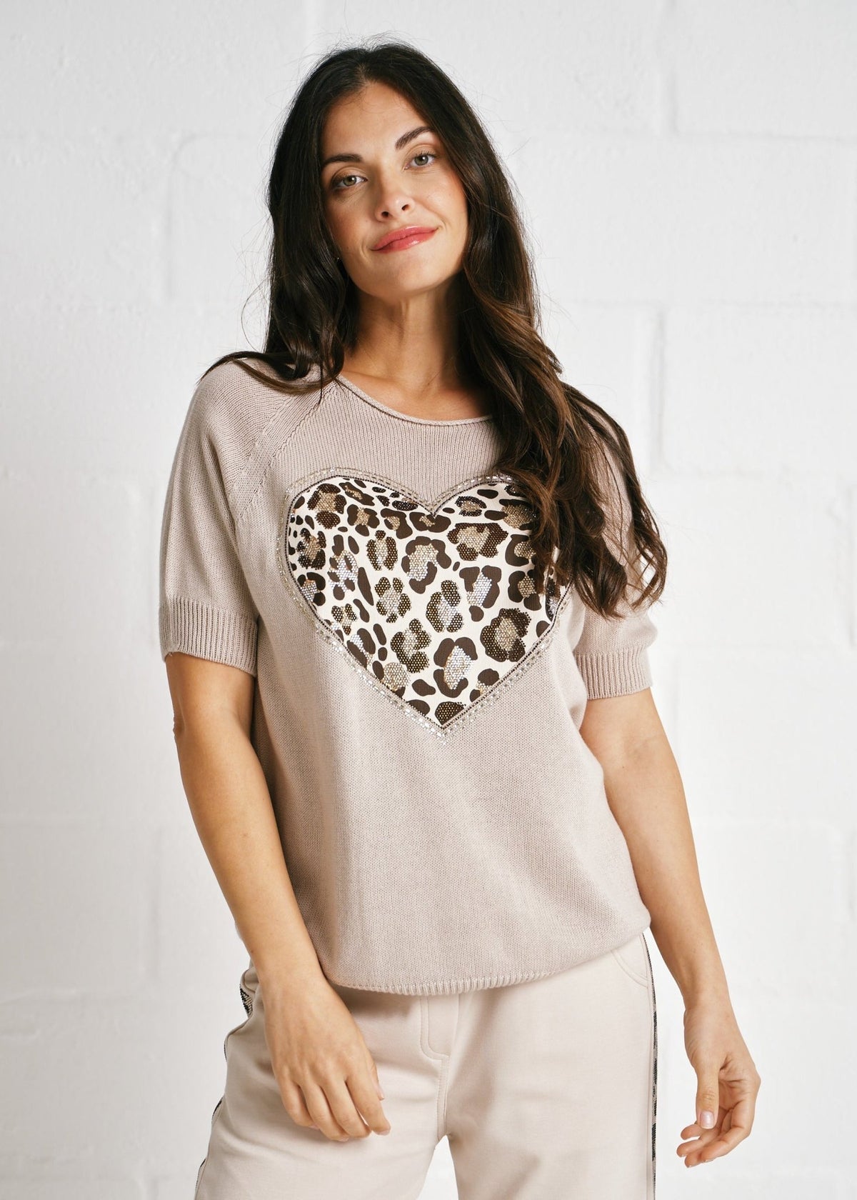 View our Bellagio Italian Leopard Heart Knit Top In Cafe Cream - by Tribute Store