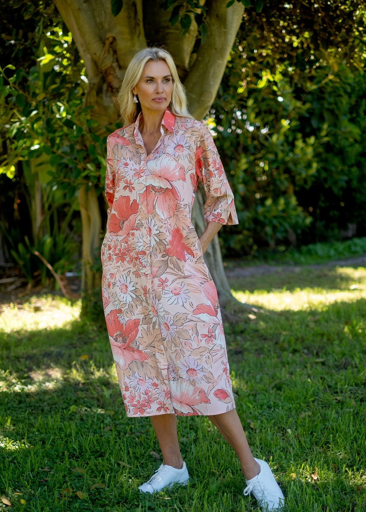 View our Betty Button Dress With Floral Print In Coral - by Tribute Store