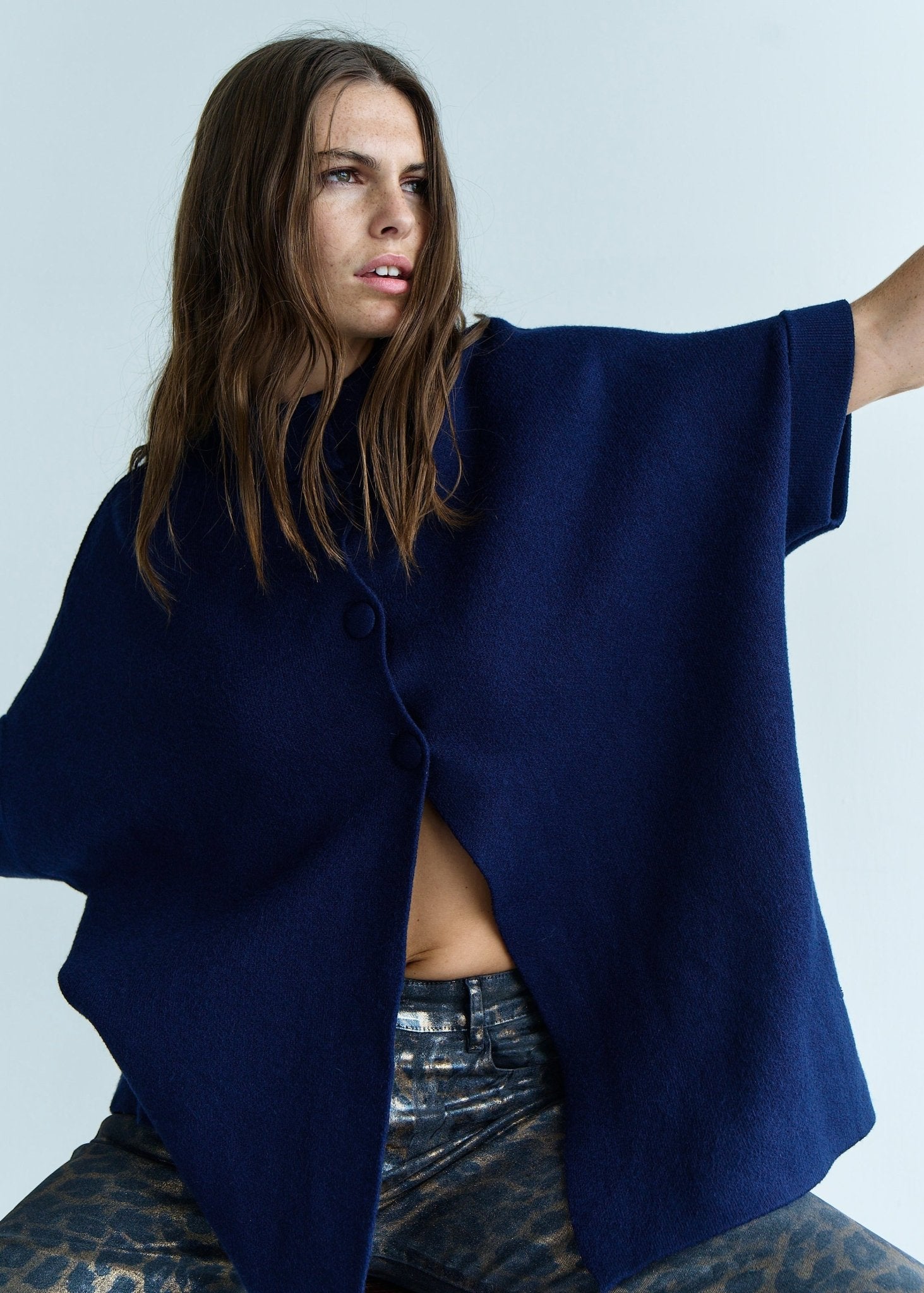 View our Blair Tailored Cape Viscose Knitted in Marine Blue - by Tribute Store