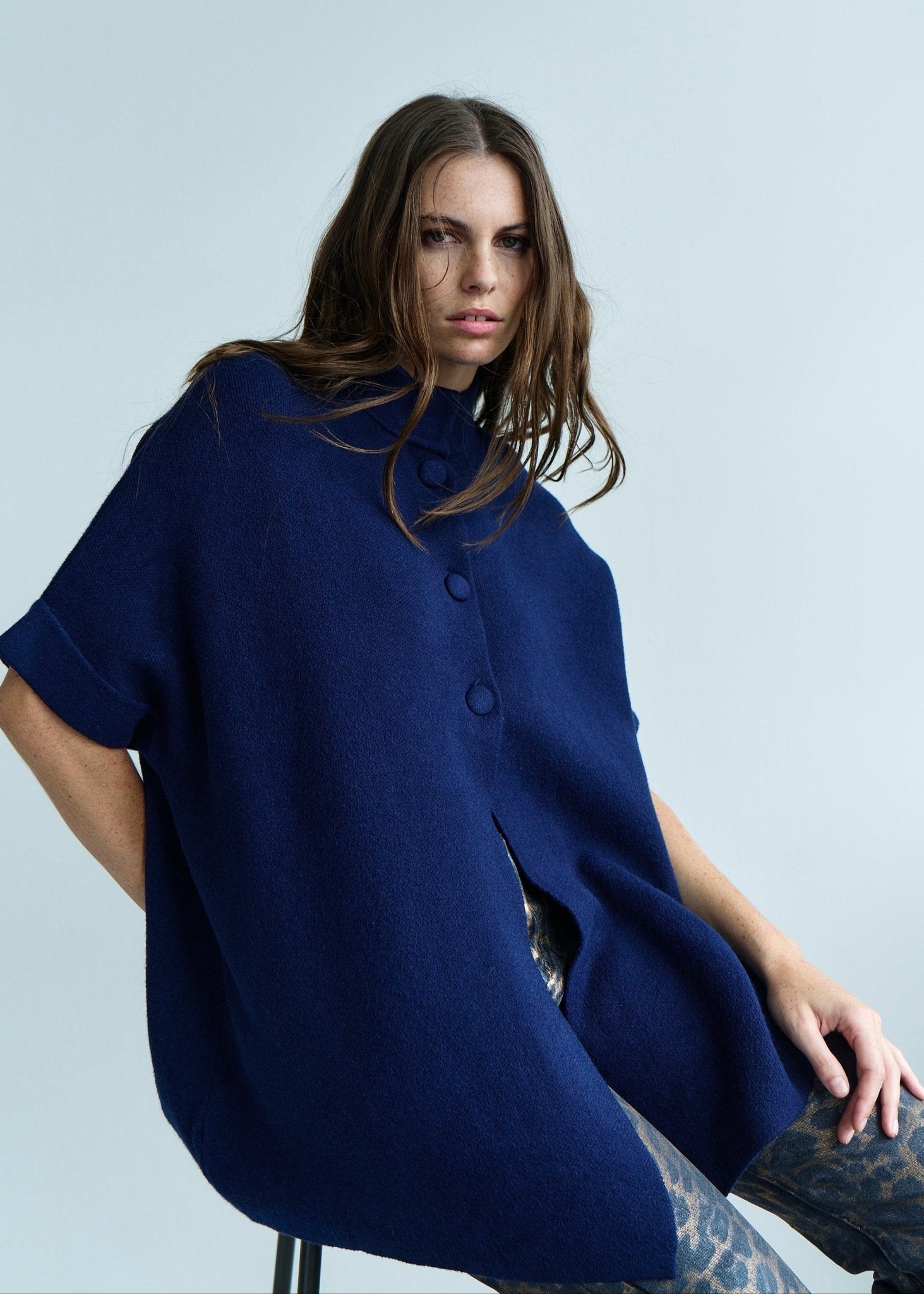 View our Blair Tailored Cape Viscose Knitted in Marine Blue - by Tribute Store
