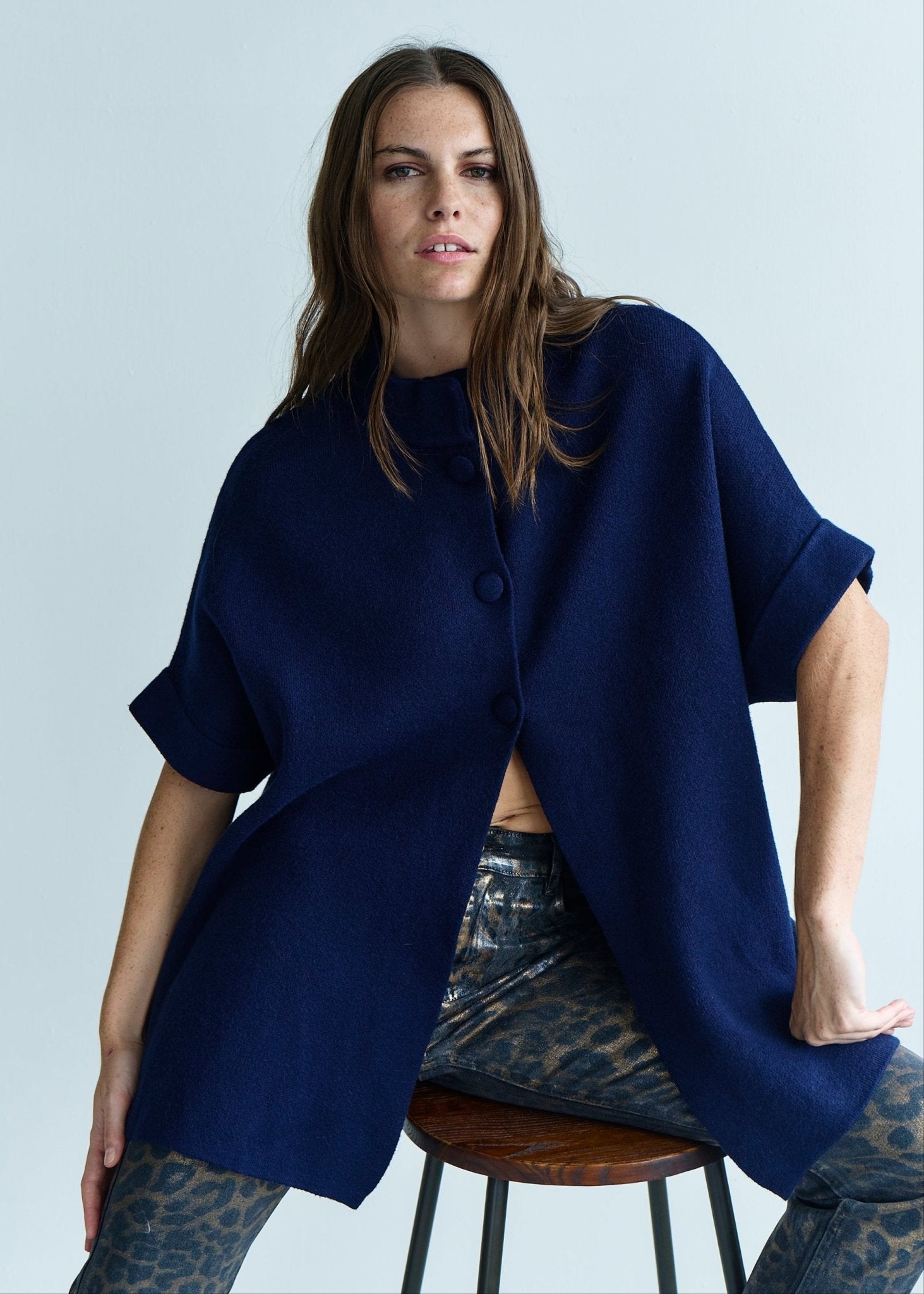 View our Blair Tailored Cape Viscose Knitted in Marine Blue - by Tribute Store