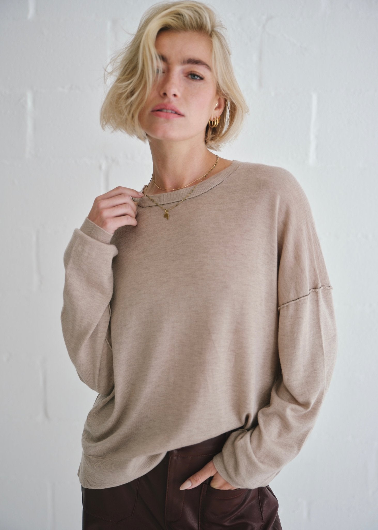 View our Boatneck Crew Neck Top In Taupe - by Tribute Store