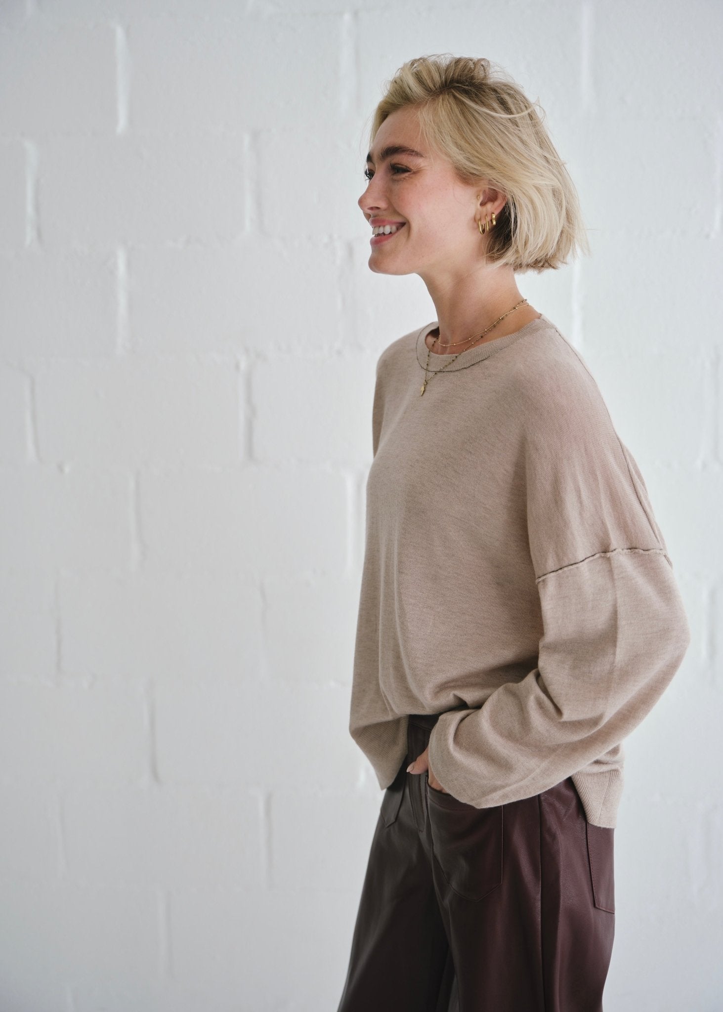 View our Boatneck Crew Neck Top In Taupe - by Tribute Store
