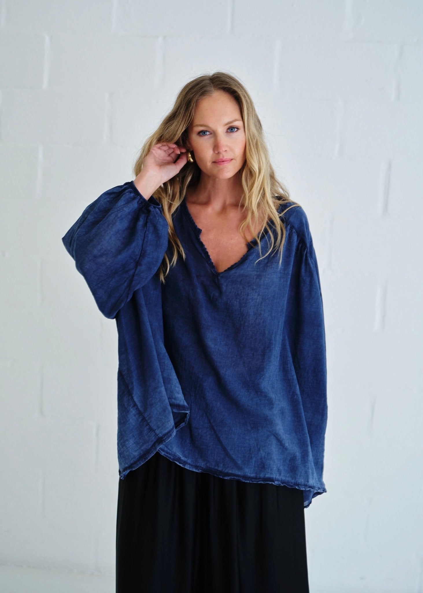View our Boho Balloon Sleeve Shirt In Navy - by Tribute Store