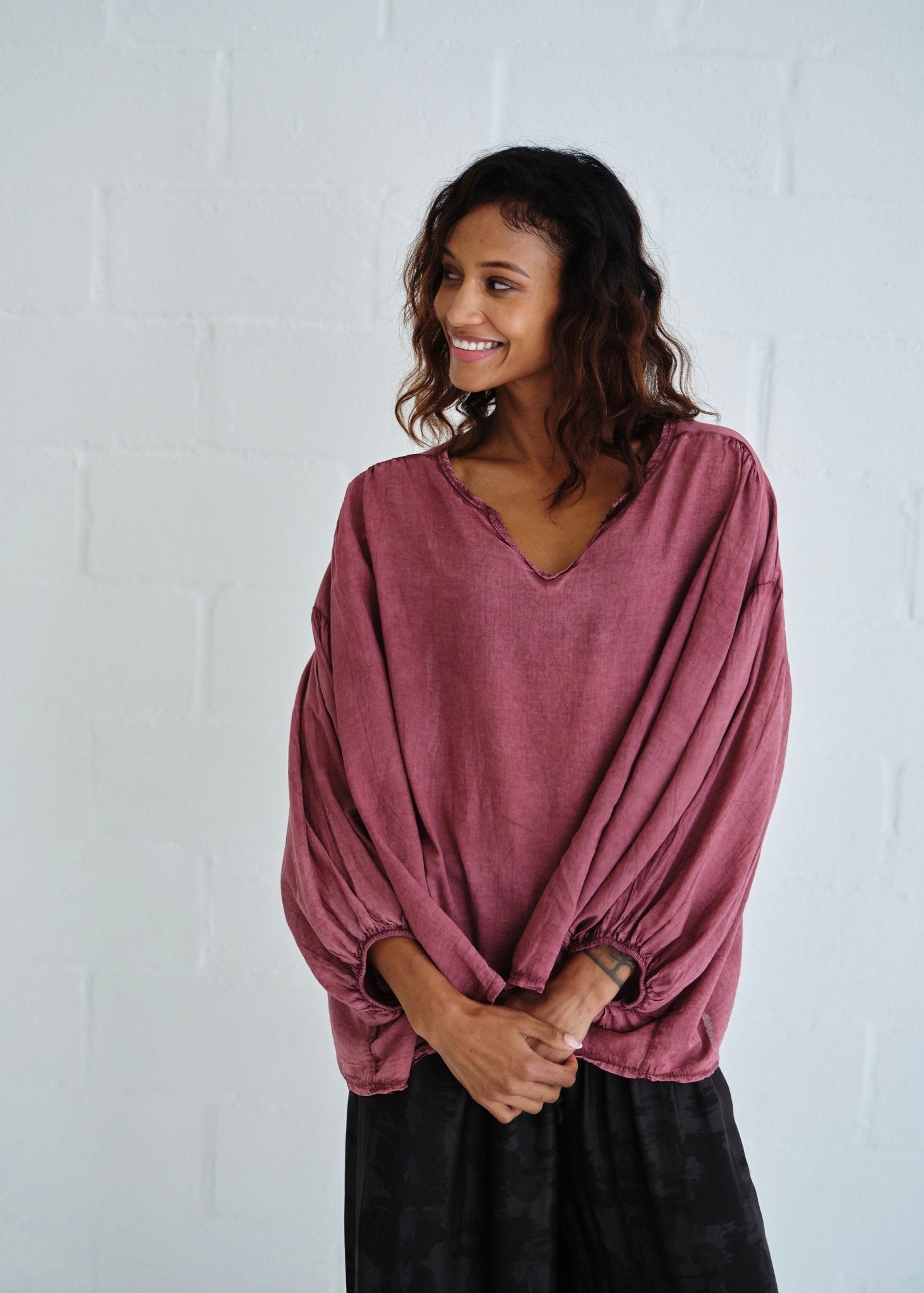 View our Boho Balloon Sleeve Shirt In Wine - by Tribute Store