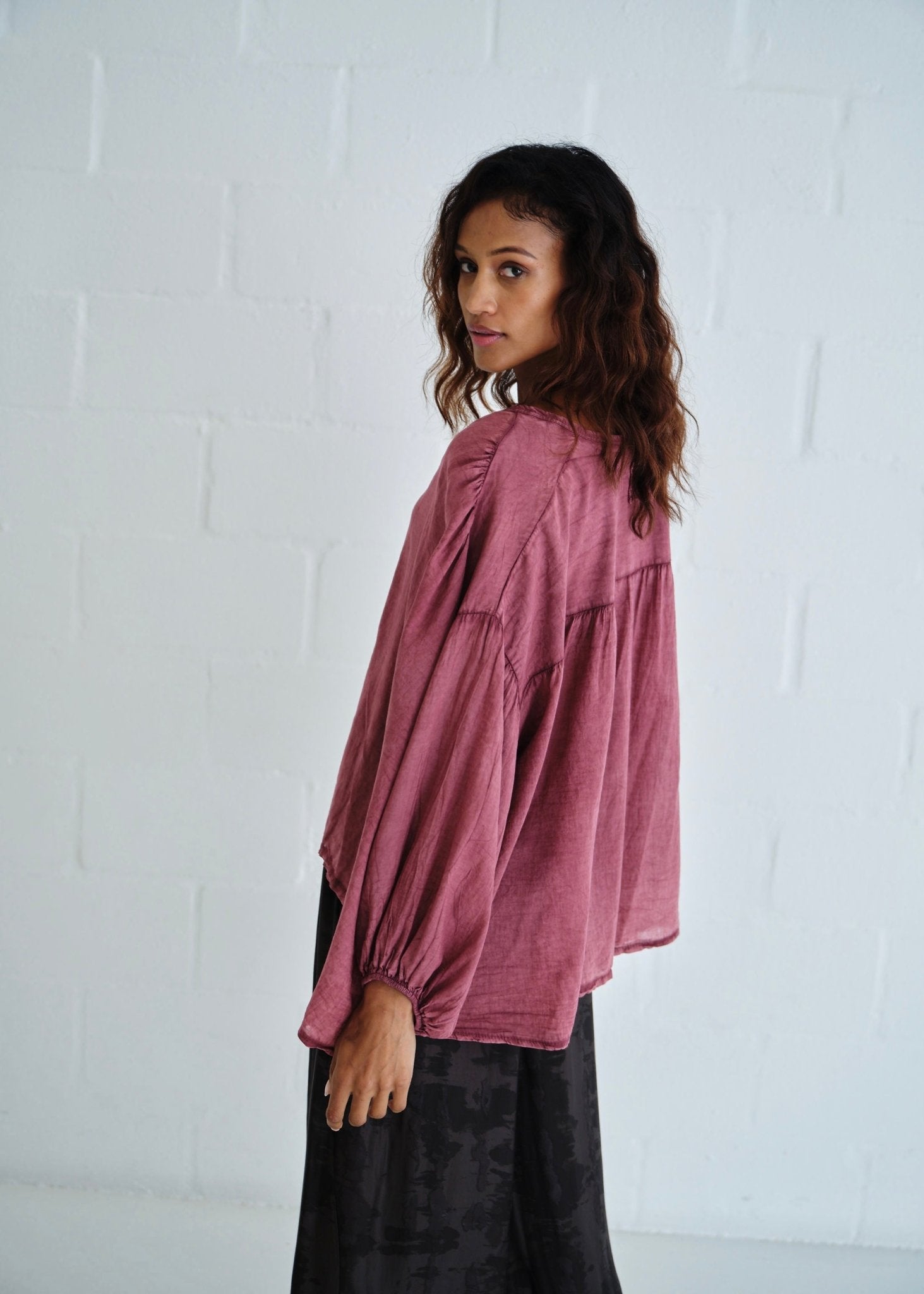 View our Boho Balloon Sleeve Shirt In Wine - by Tribute Store