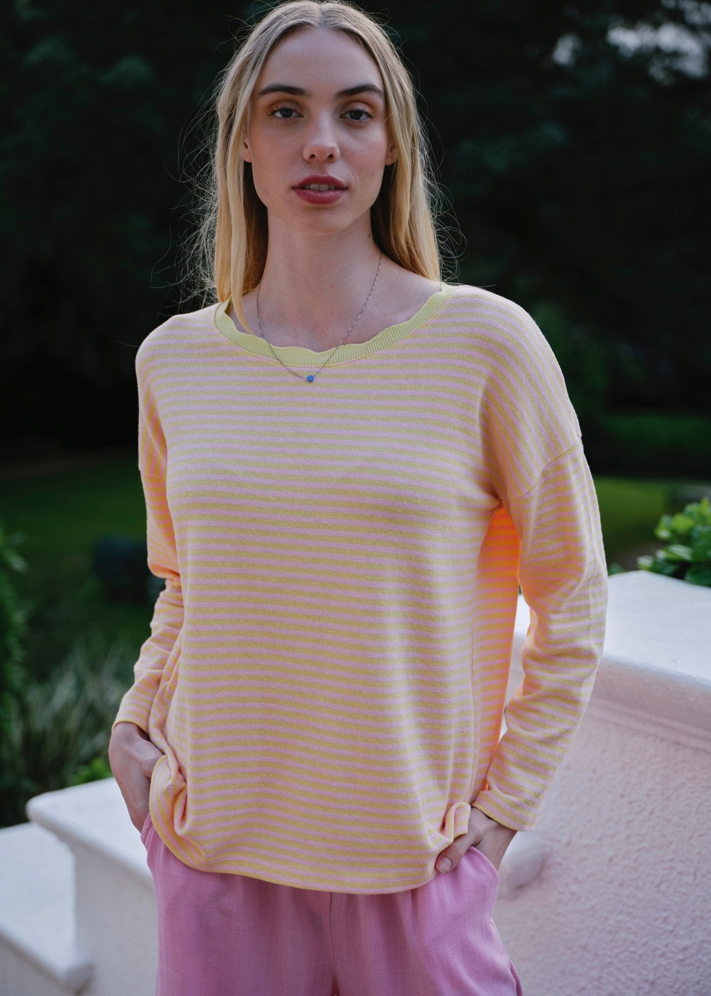 View our Bologna Italian Crew Neck Long Sleeved Striped Cotton Tee In Yellow And Pink - by Tribute Store