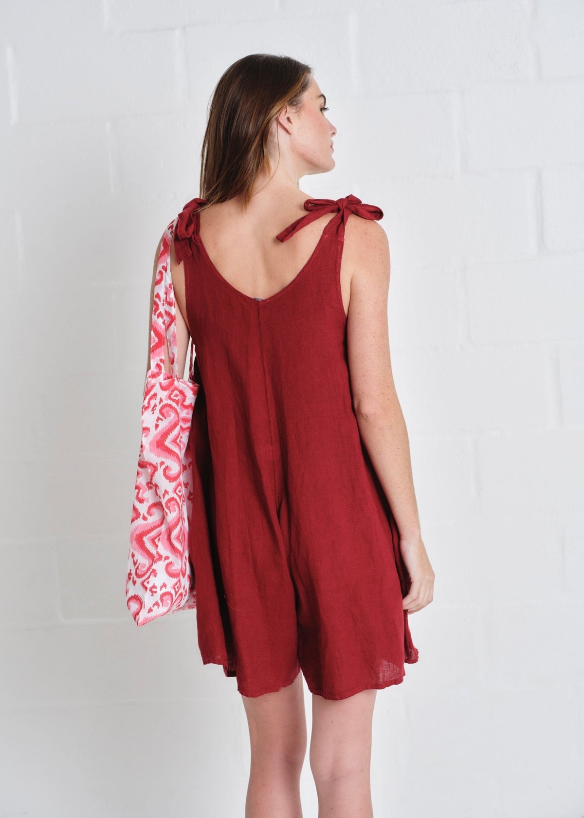View our Bondi Italian Linen Playsuit In Wine - by Tribute Store