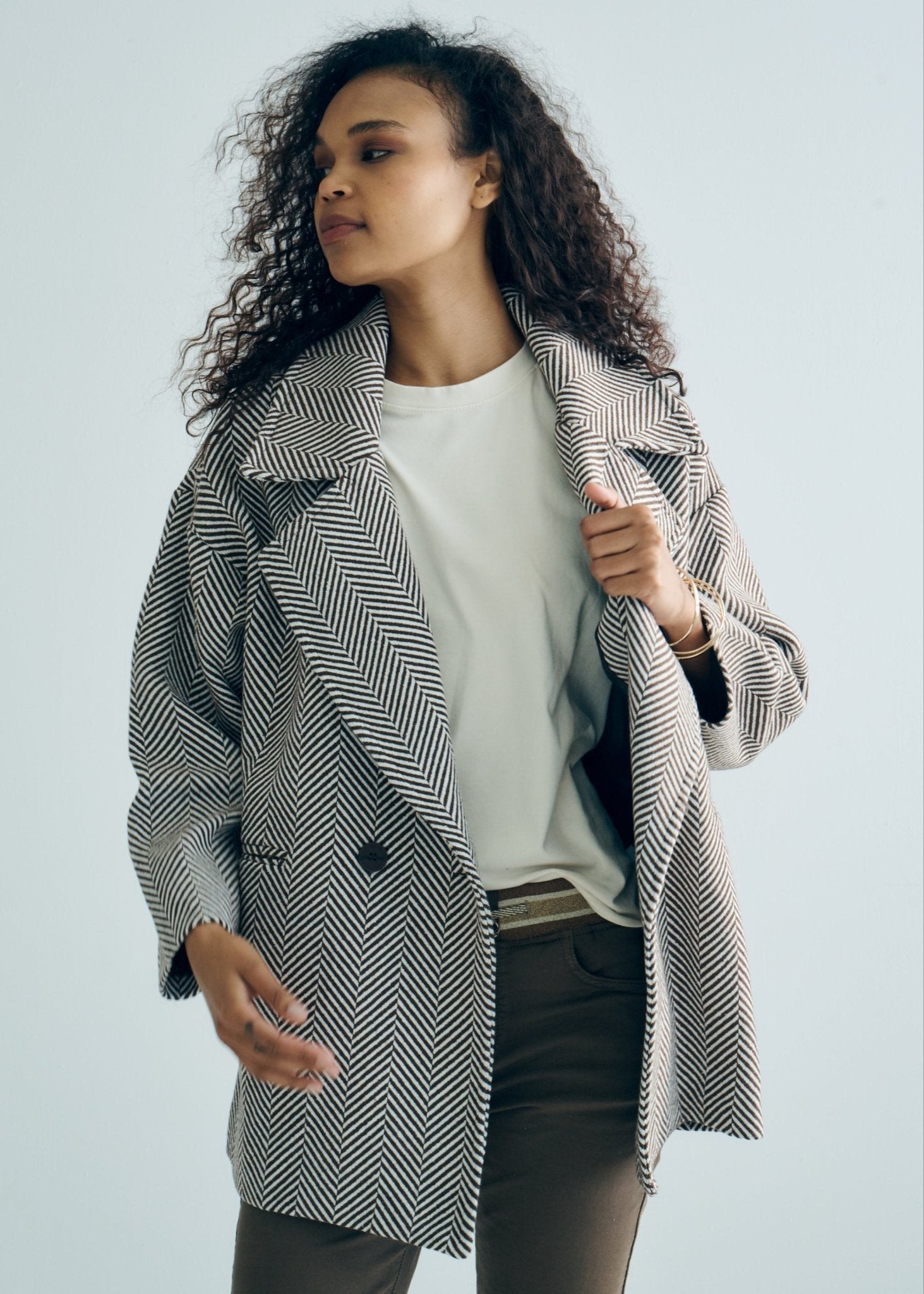 View our Bordeaux Wool Coat in Chocolate Brown and White - by Tribute Store