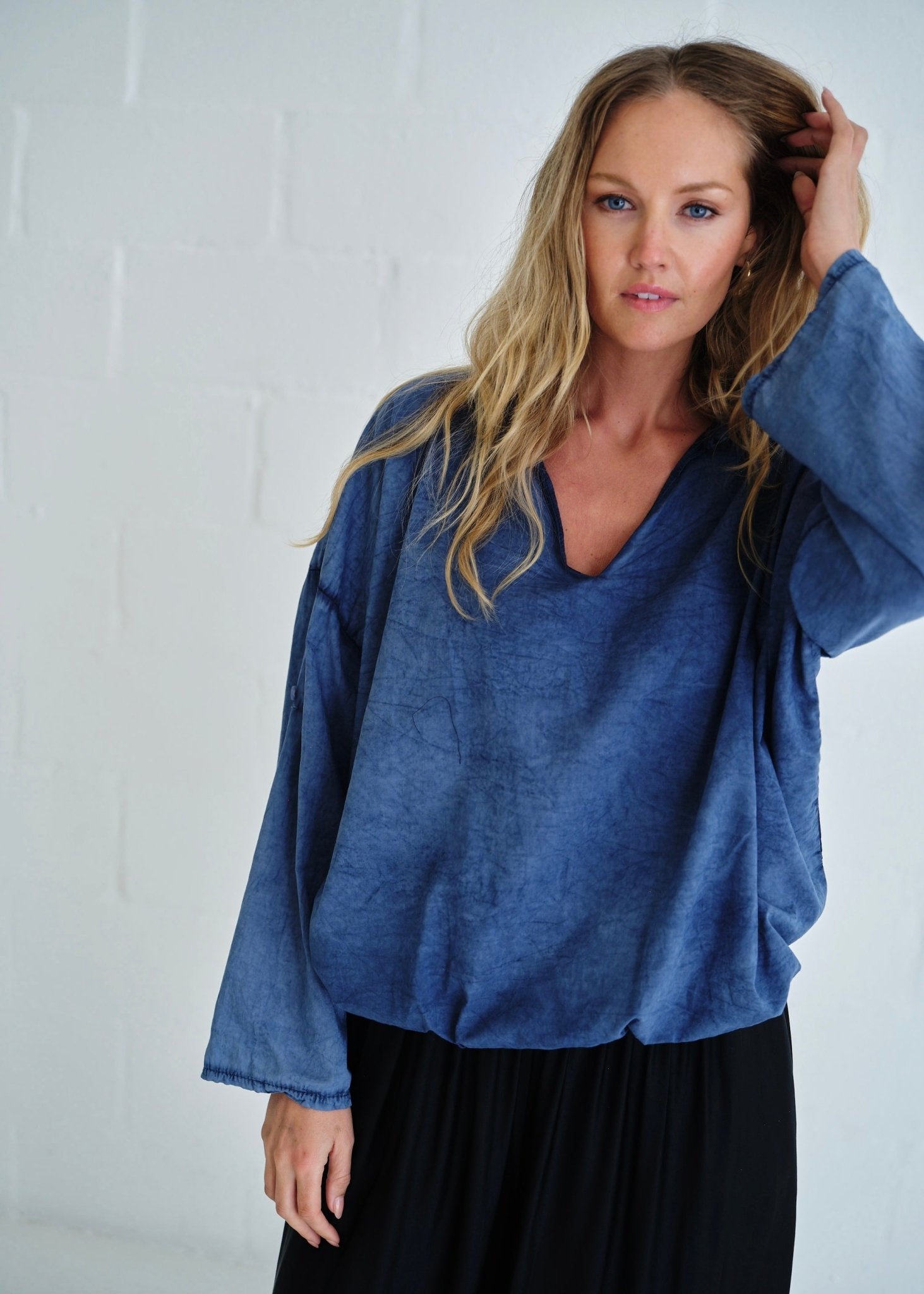 View our Bubble Waist Long Sleeve Shirt In Denim - by Tribute Store