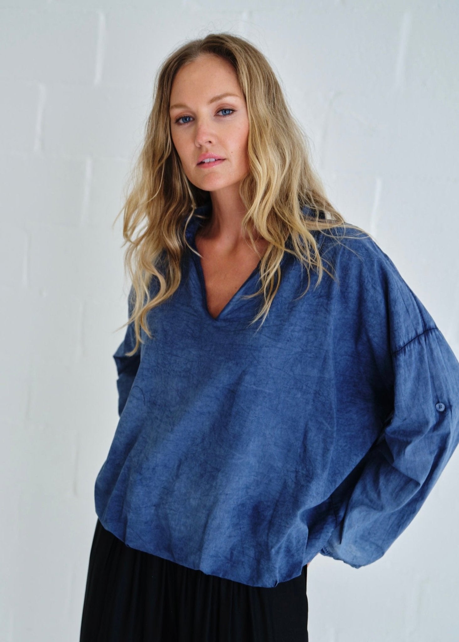 View our Bubble Waist Long Sleeve Shirt In Denim - by Tribute Store