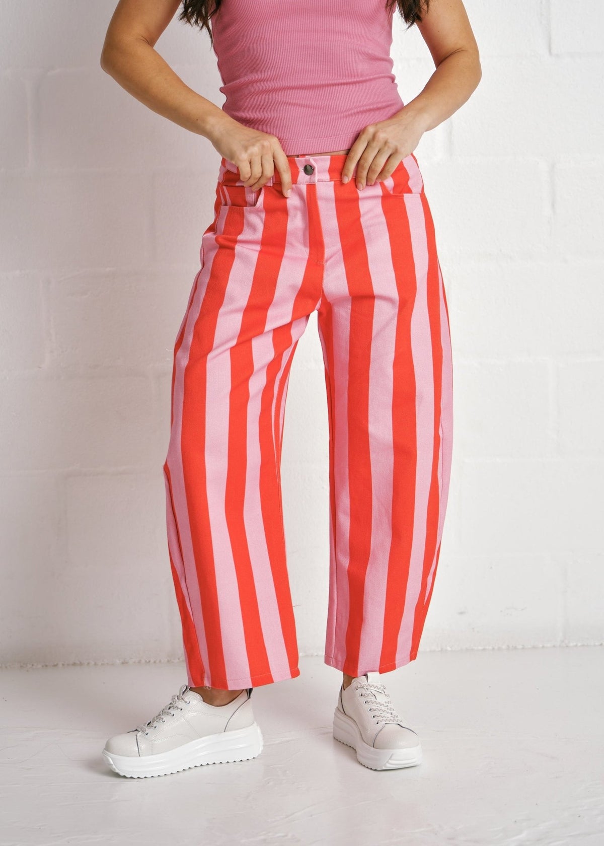 View our Burano Bold Stripe Barrel Pants In Pink - by Tribute Store