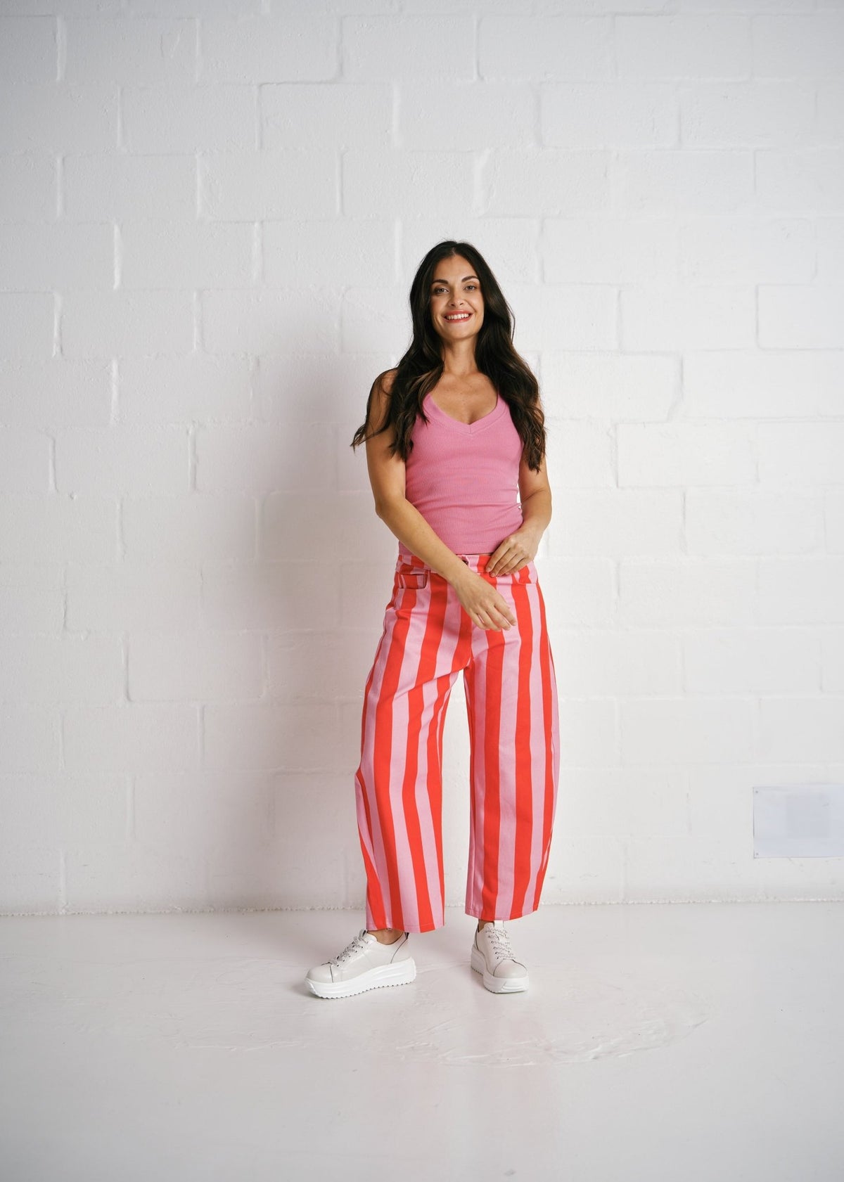 View our Burano Bold Stripe Barrel Pants In Pink - by Tribute Store
