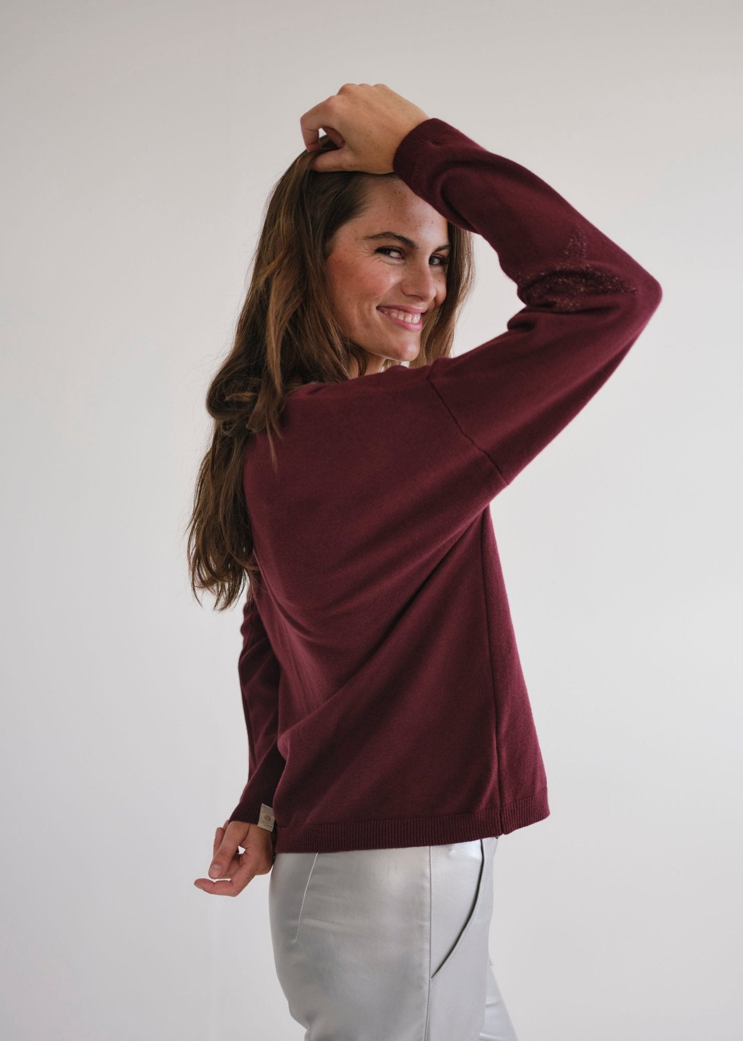View our Burgundy V Neck knit with Star on Elbow - by Tribute Store
