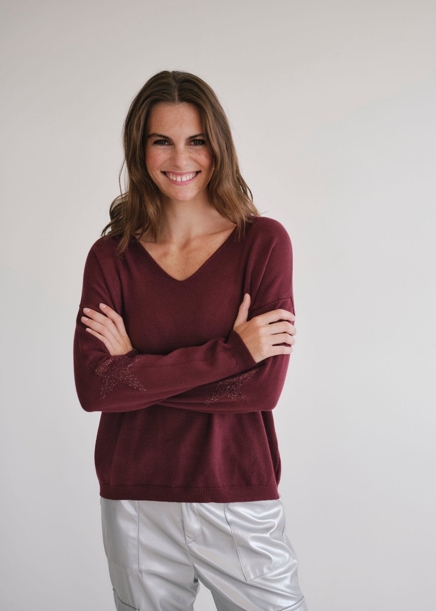 View our Burgundy V Neck knit with Star on Elbow - by Tribute Store