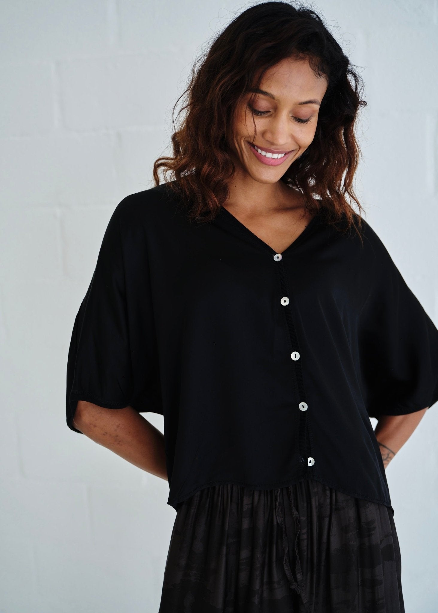View our Button Up Cardi With 3/4 Sleeves In Black - by Tribute Store