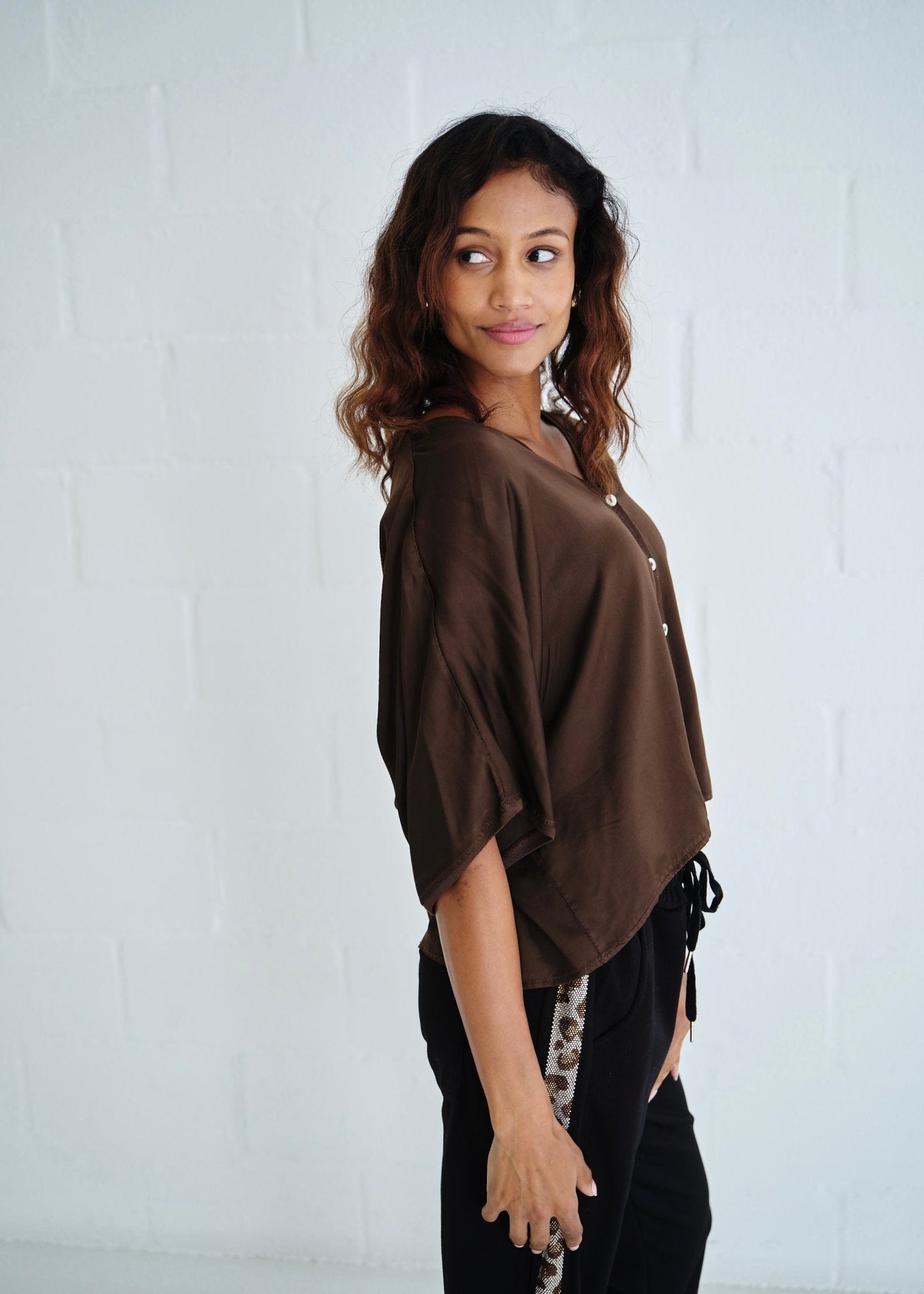 View our Button Up Cardi With 3/4 Sleeves In Chocolate - by Tribute Store