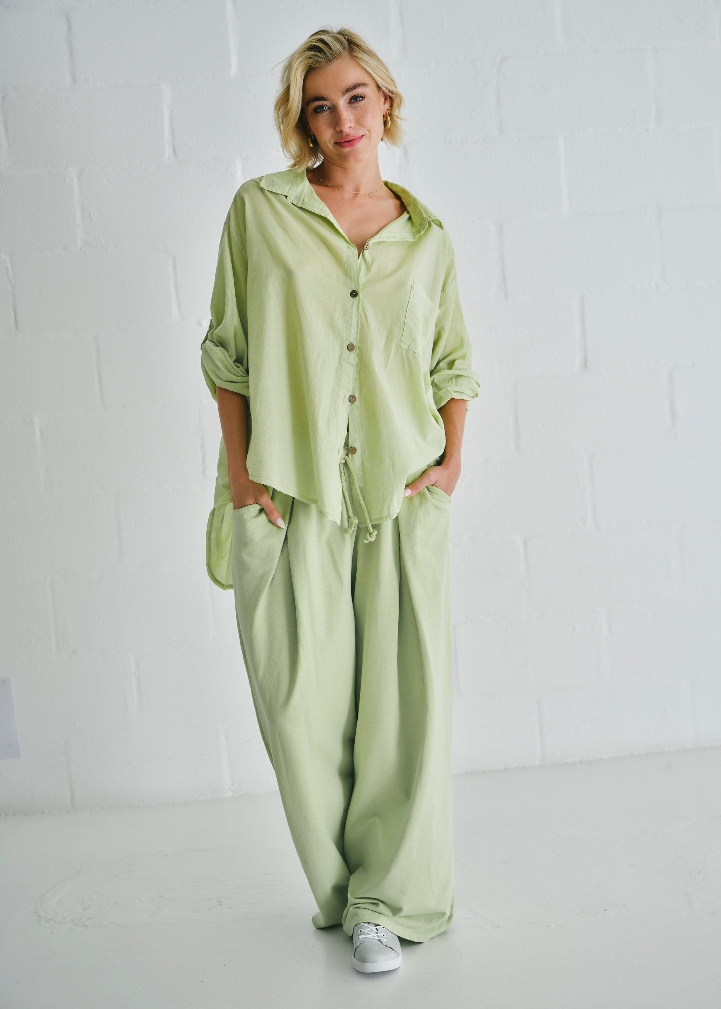 View our Calabria Italian Wide Leg Tracksuit Pants Apple Green - by Tribute Store