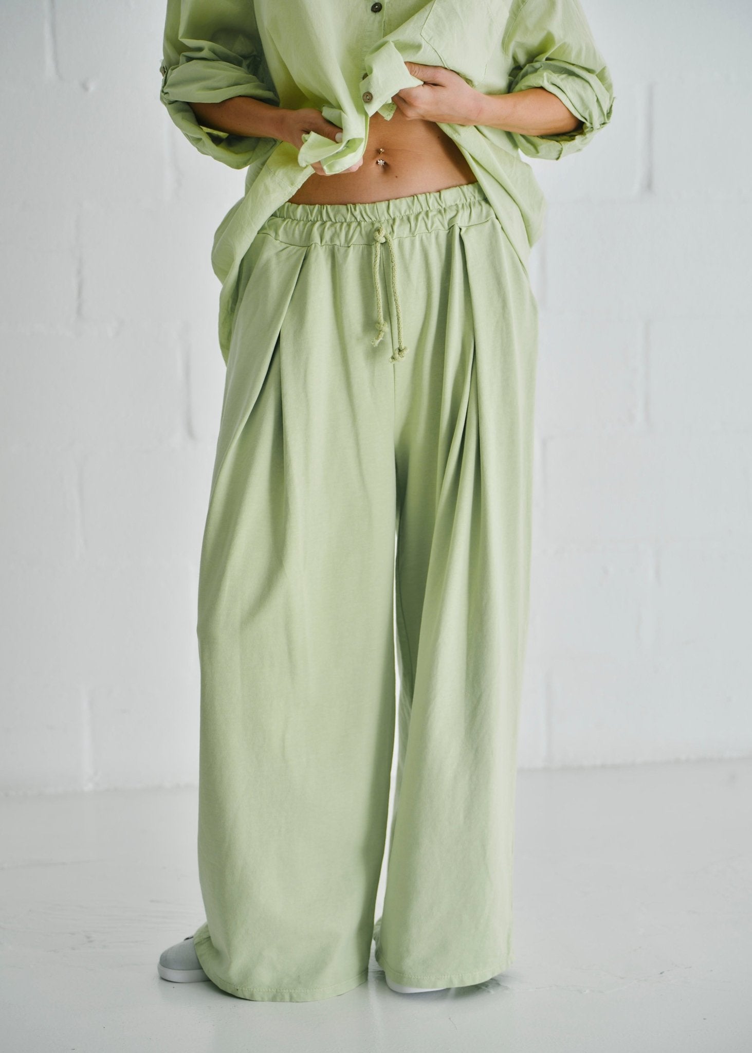 View our Calabria Italian Wide Leg Tracksuit Pants Apple Green - by Tribute Store