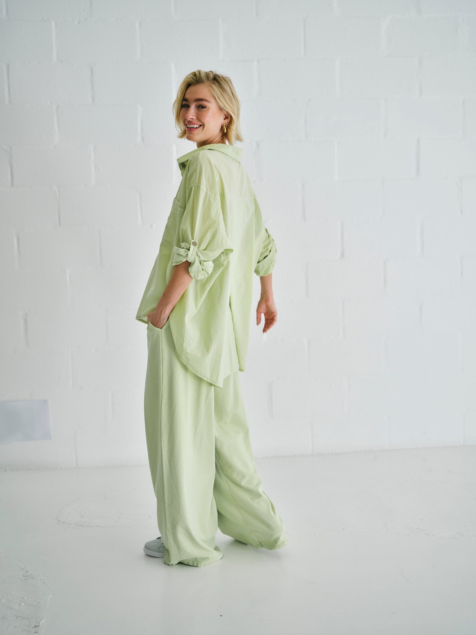 View our Calabria Italian Wide Leg Tracksuit Pants Apple Green - by Tribute Store