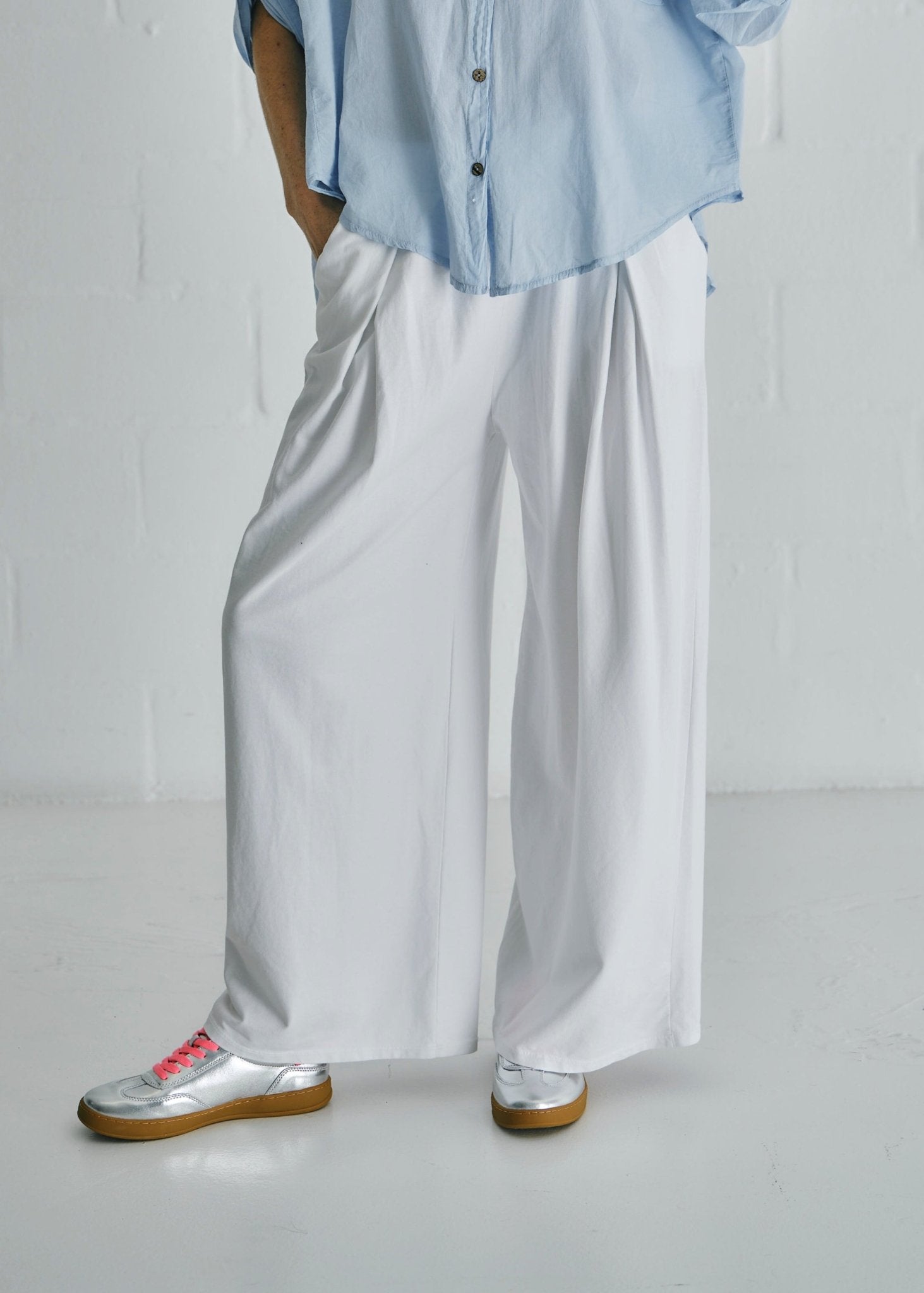 View our Calabria Italian Wide Leg Tracksuit Pants White - by Tribute Store