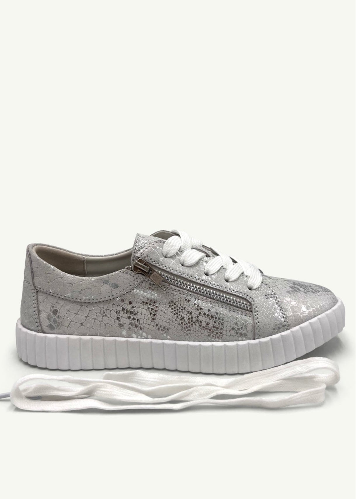 View our Callie Leather Sneaker With Silver Snake Print - by Tribute Store