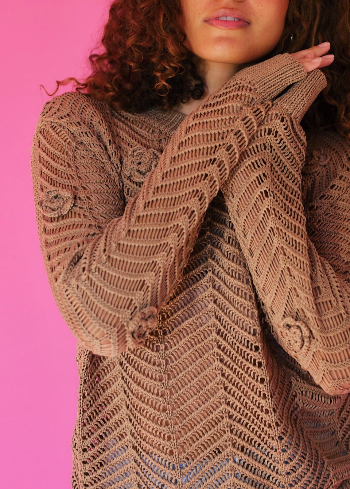 View our Camellia Knitted Open Weave Jumper with Lurex in Caramel - by Tribute Store