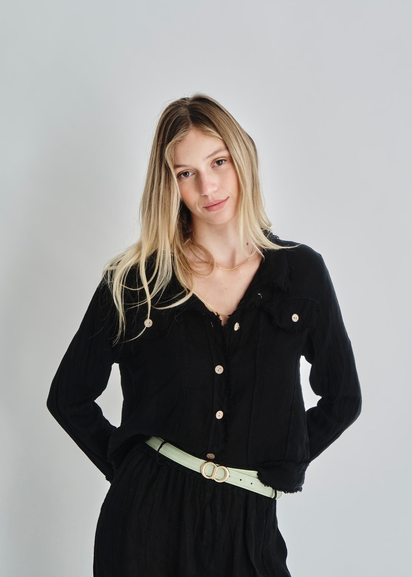 View our Camille Frayed Edge Linen Jacket In Black - by Tribute Store