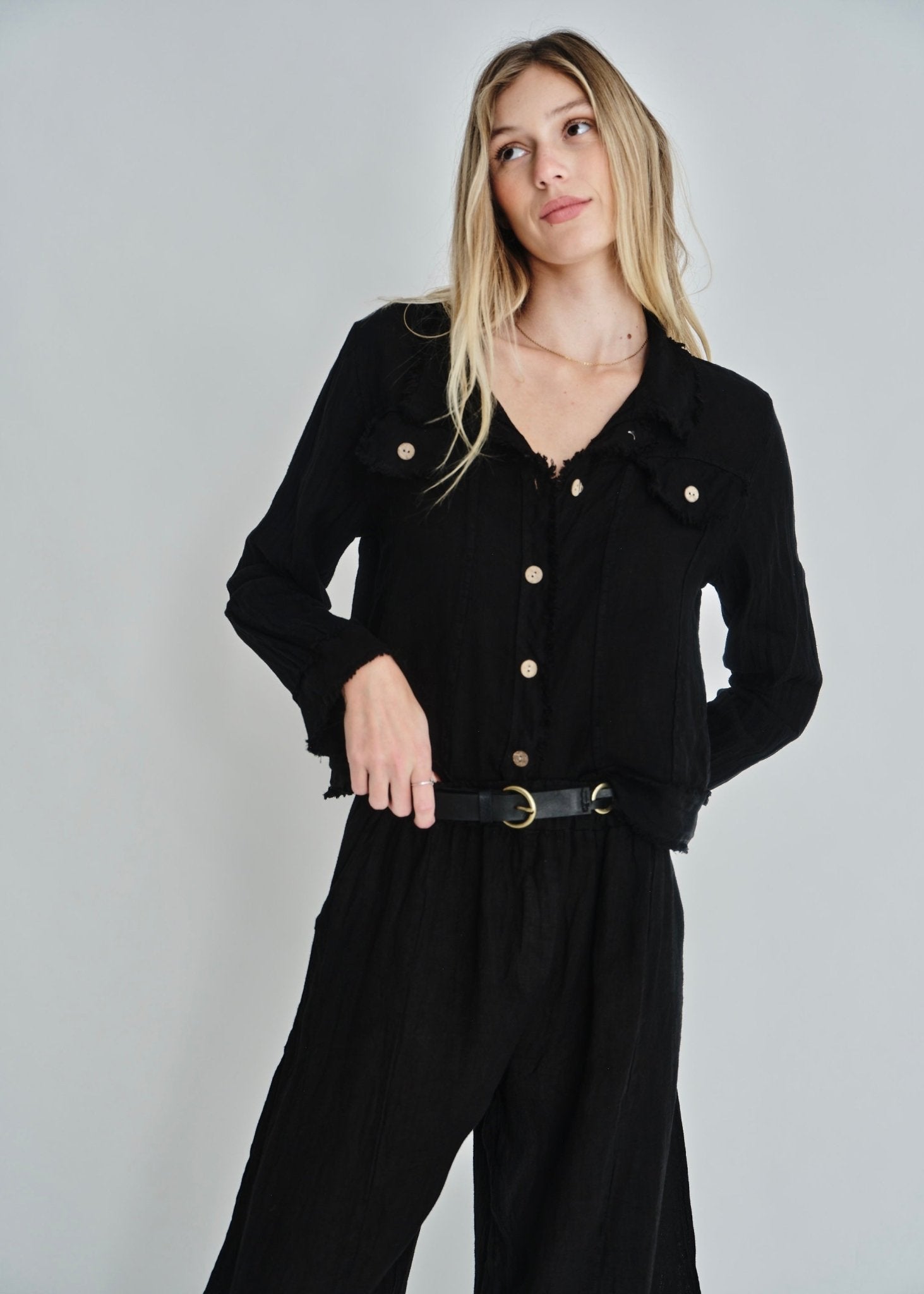 View our Camille Frayed Edge Linen Jacket In Black - by Tribute Store