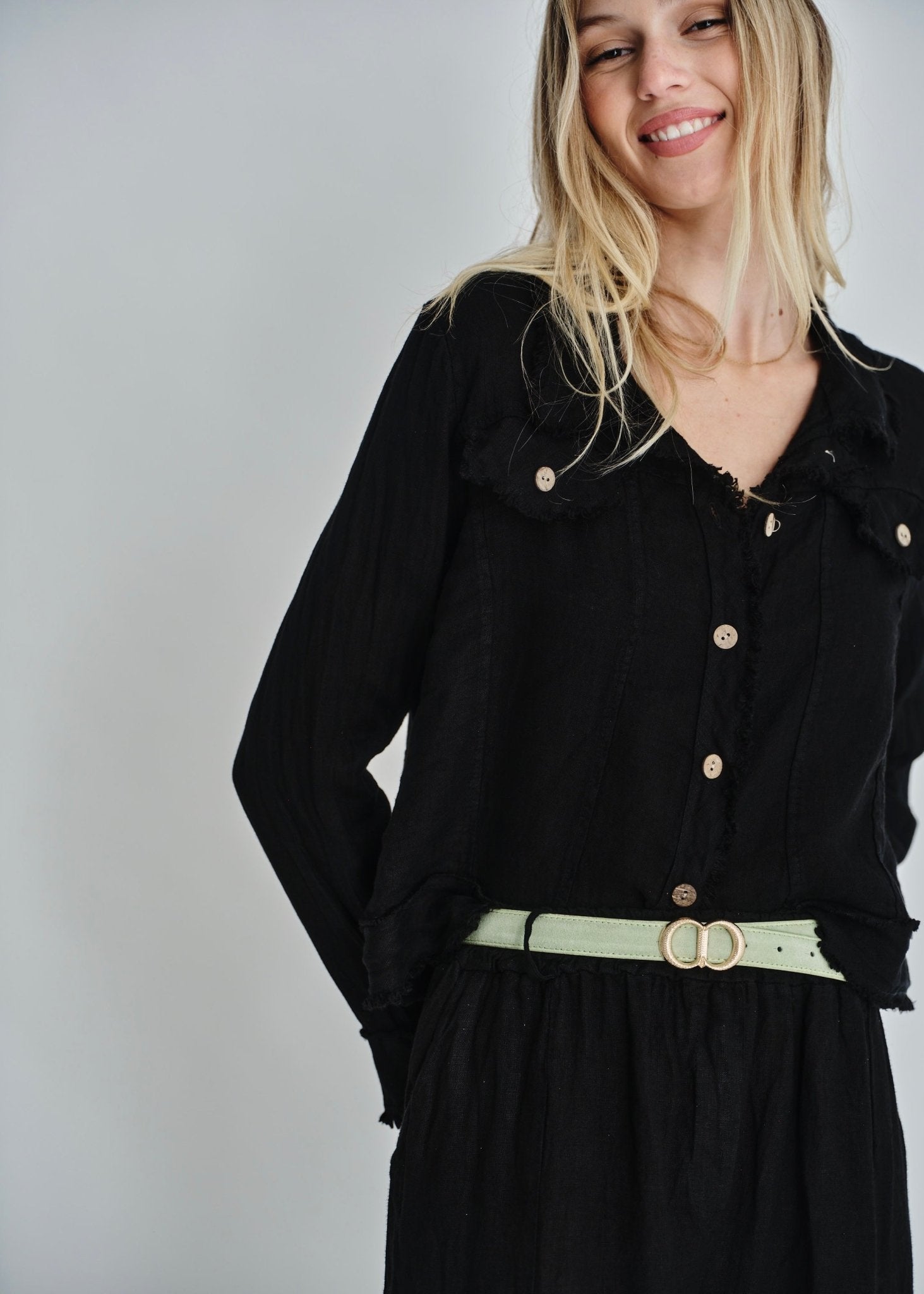 View our Camille Frayed Edge Linen Jacket In Black - by Tribute Store