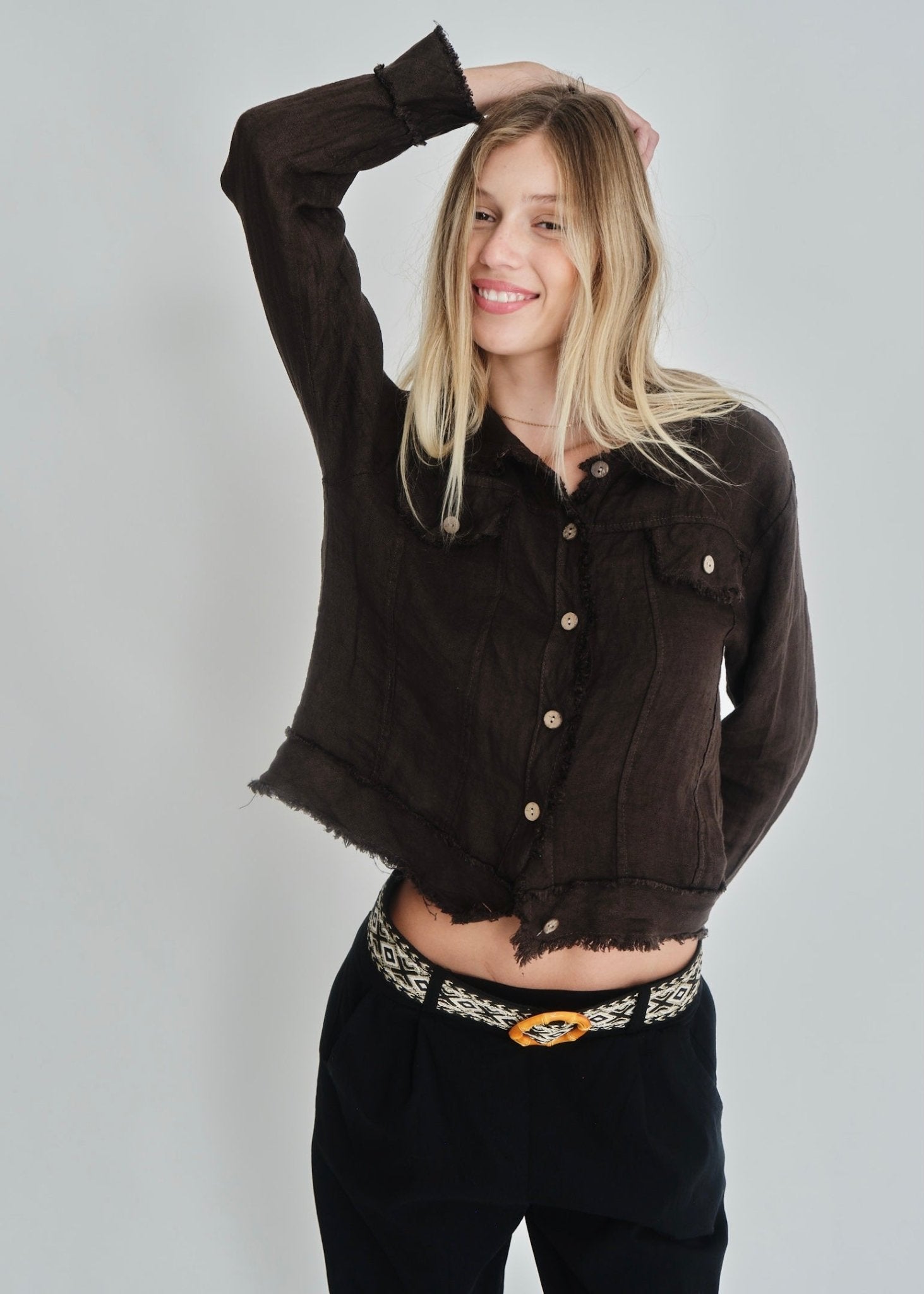 View our Camille Frayed Edge Linen Jacket In Chocolate - by Tribute Store
