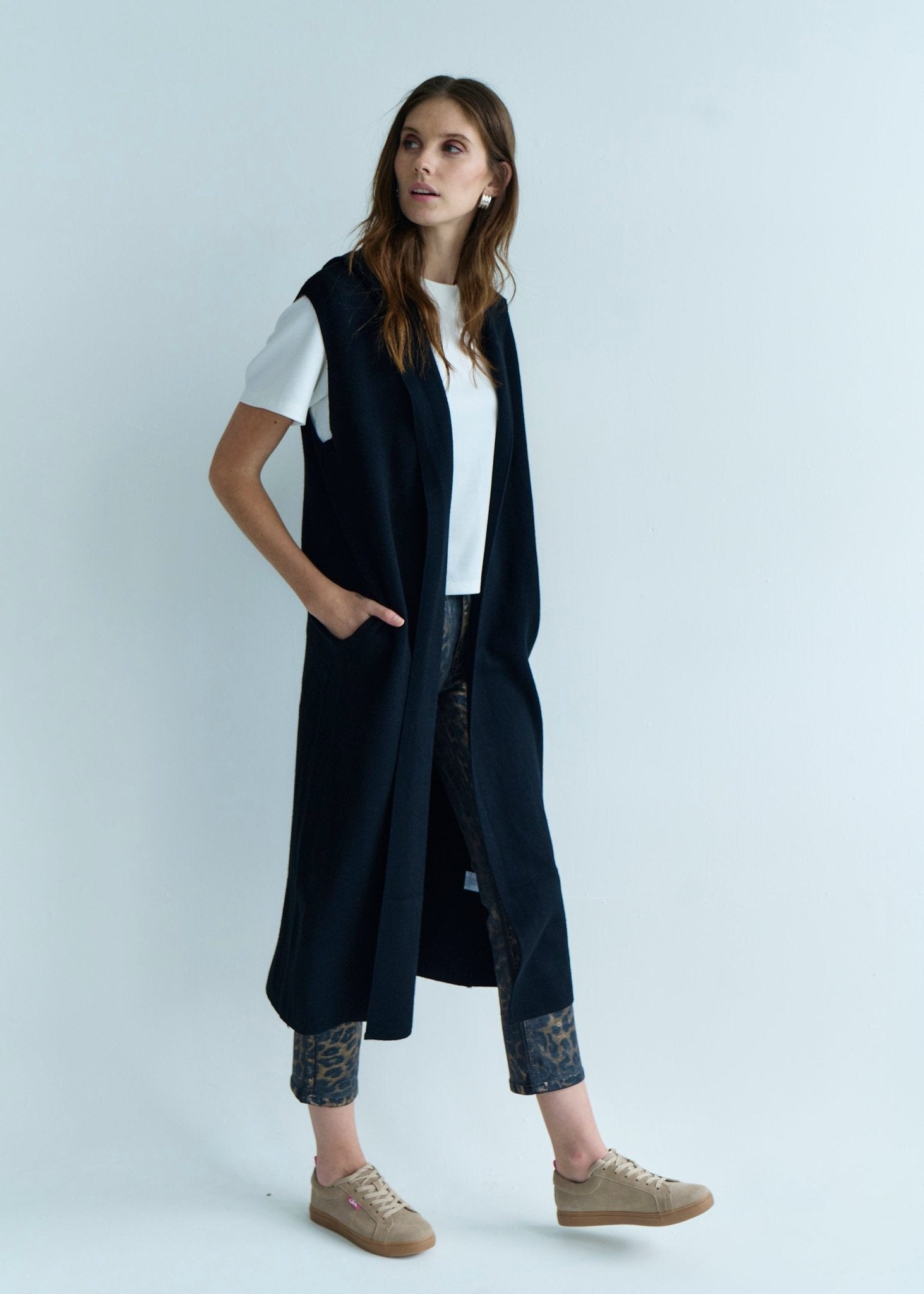 View our Camille Sleeveless Knitted Viscose Coat in Black - by Tribute Store