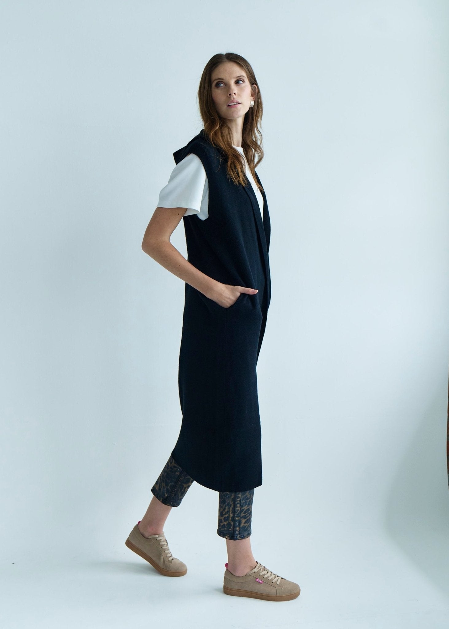 View our Camille Sleeveless Knitted Viscose Coat in Black - by Tribute Store