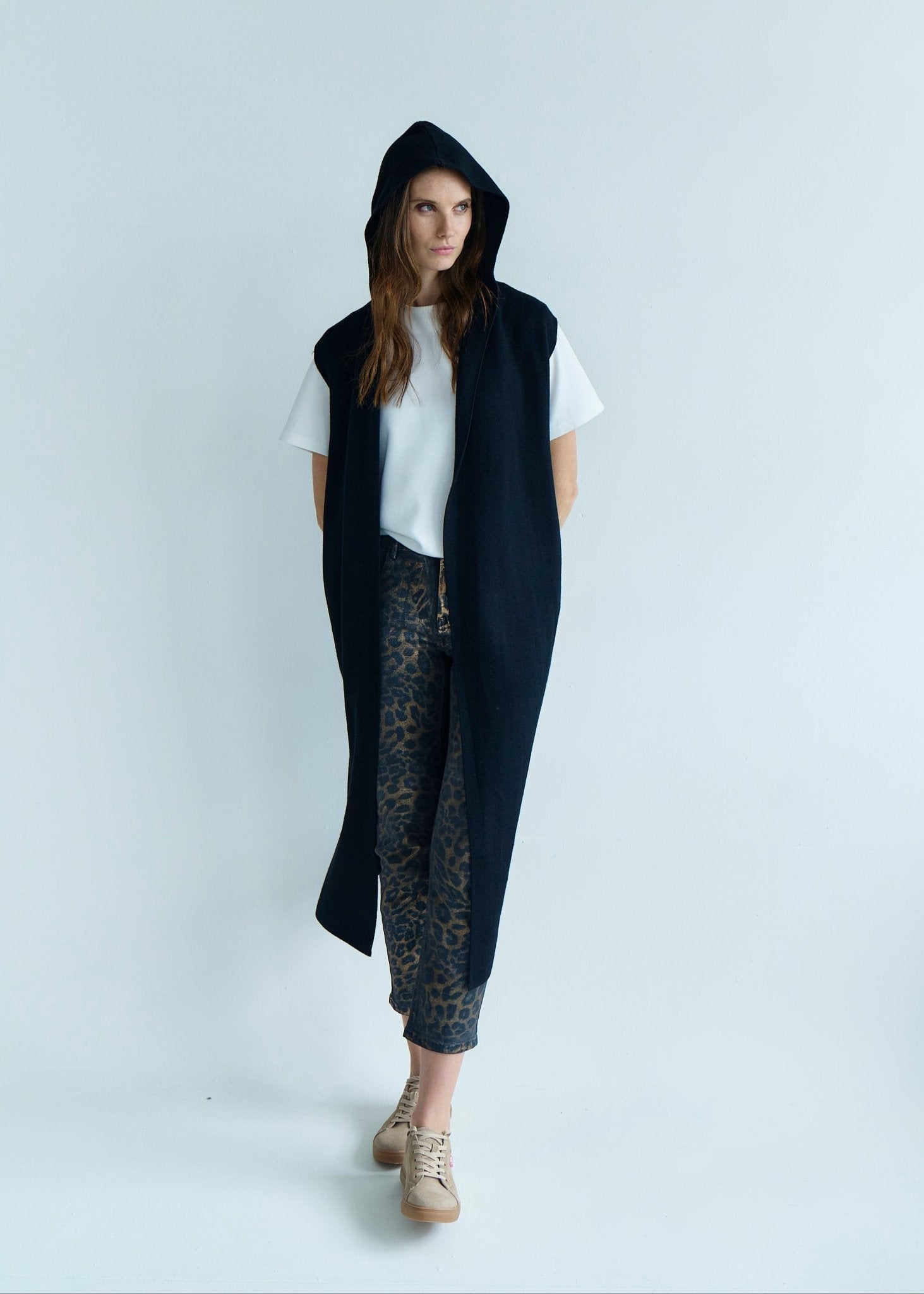 View our Camille Sleeveless Knitted Viscose Coat in Black - by Tribute Store
