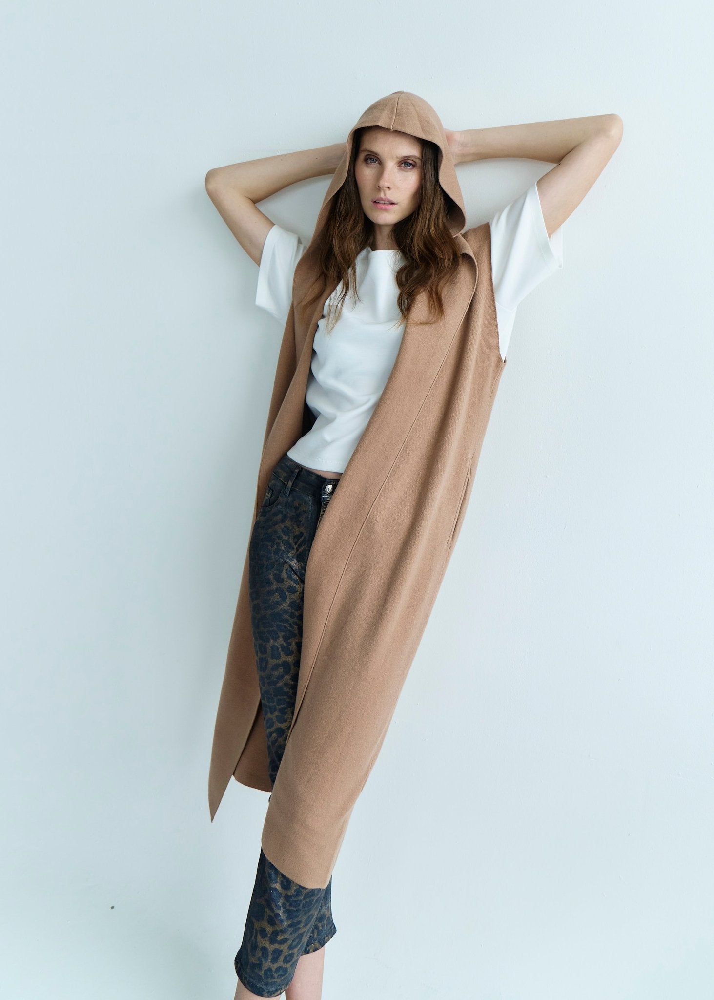 View our Camille Sleeveless Knitted Viscose Coat in Caramel - by Tribute Store