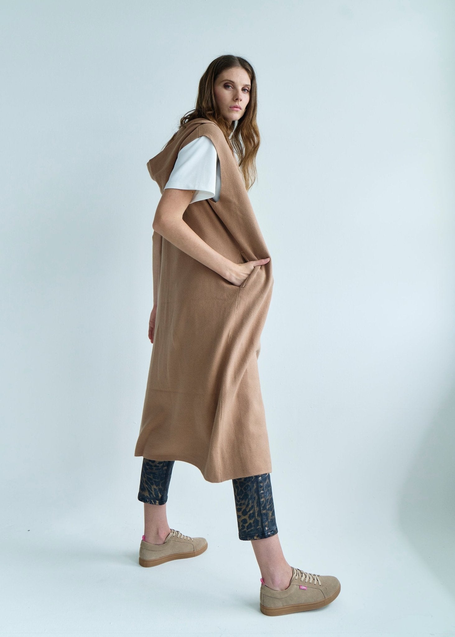 View our Camille Sleeveless Knitted Viscose Coat in Caramel - by Tribute Store