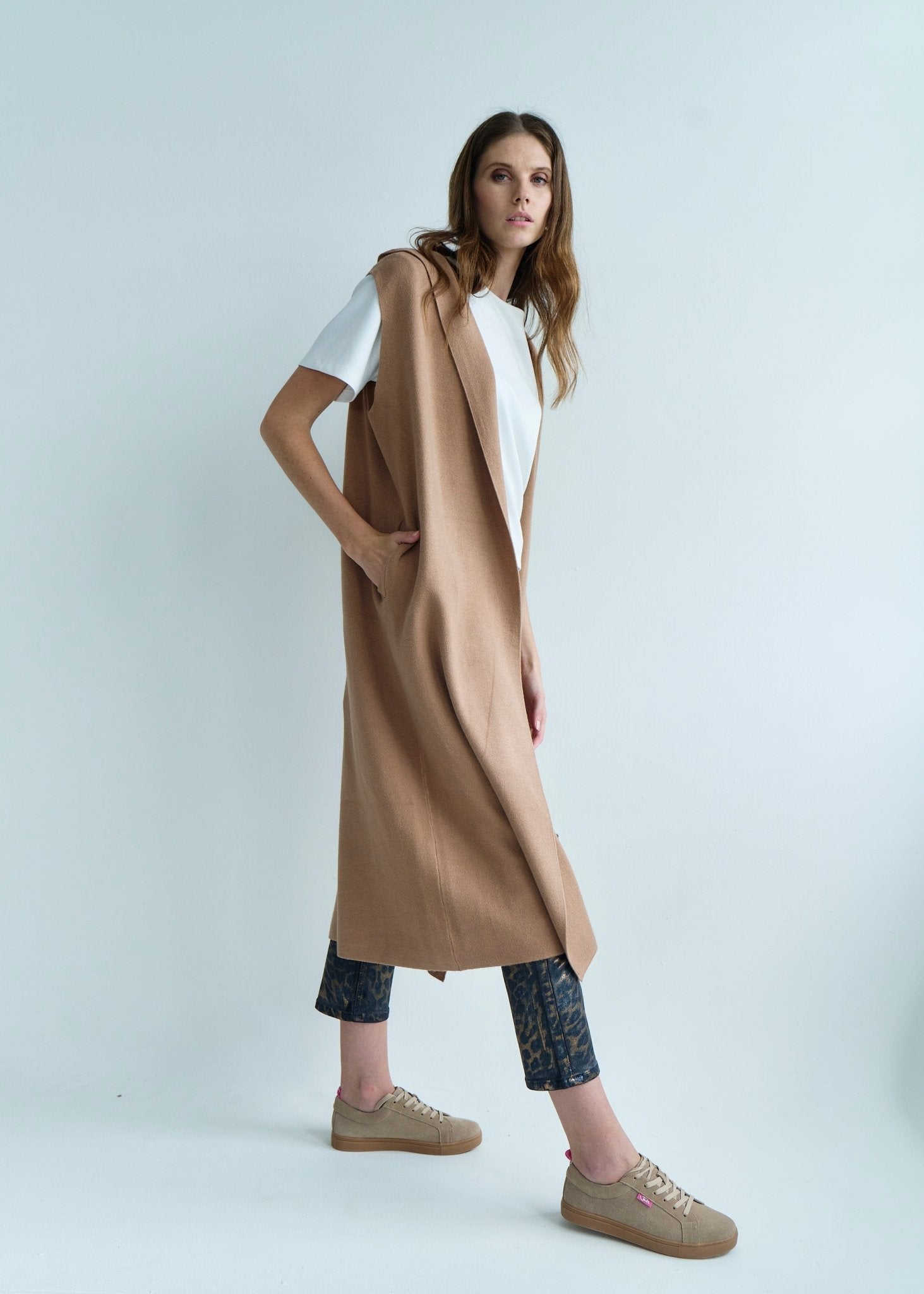 View our Camille Sleeveless Knitted Viscose Coat in Caramel - by Tribute Store