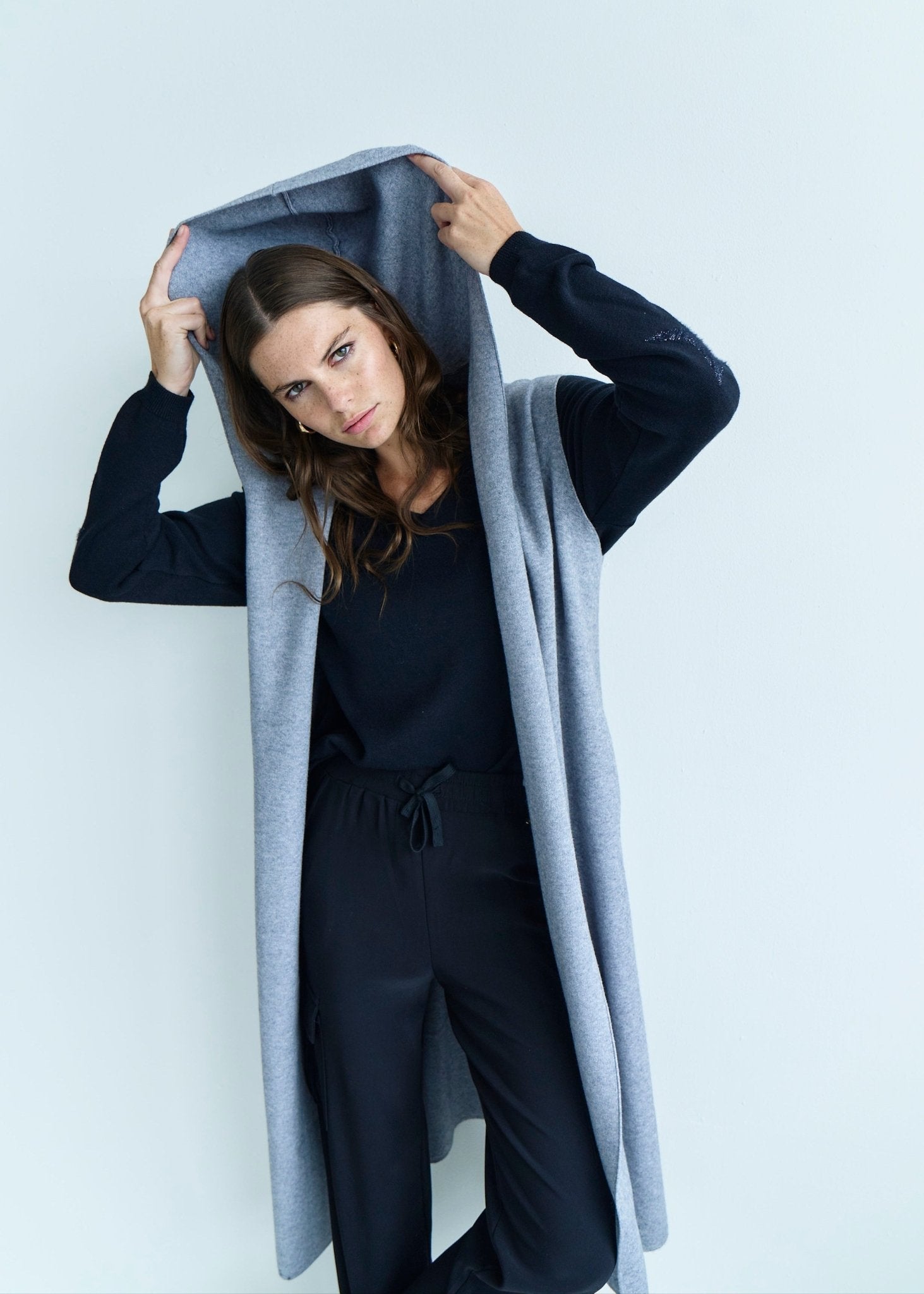 View our Camille Sleeveless Knitted Viscose Coat in Grey - by Tribute Store