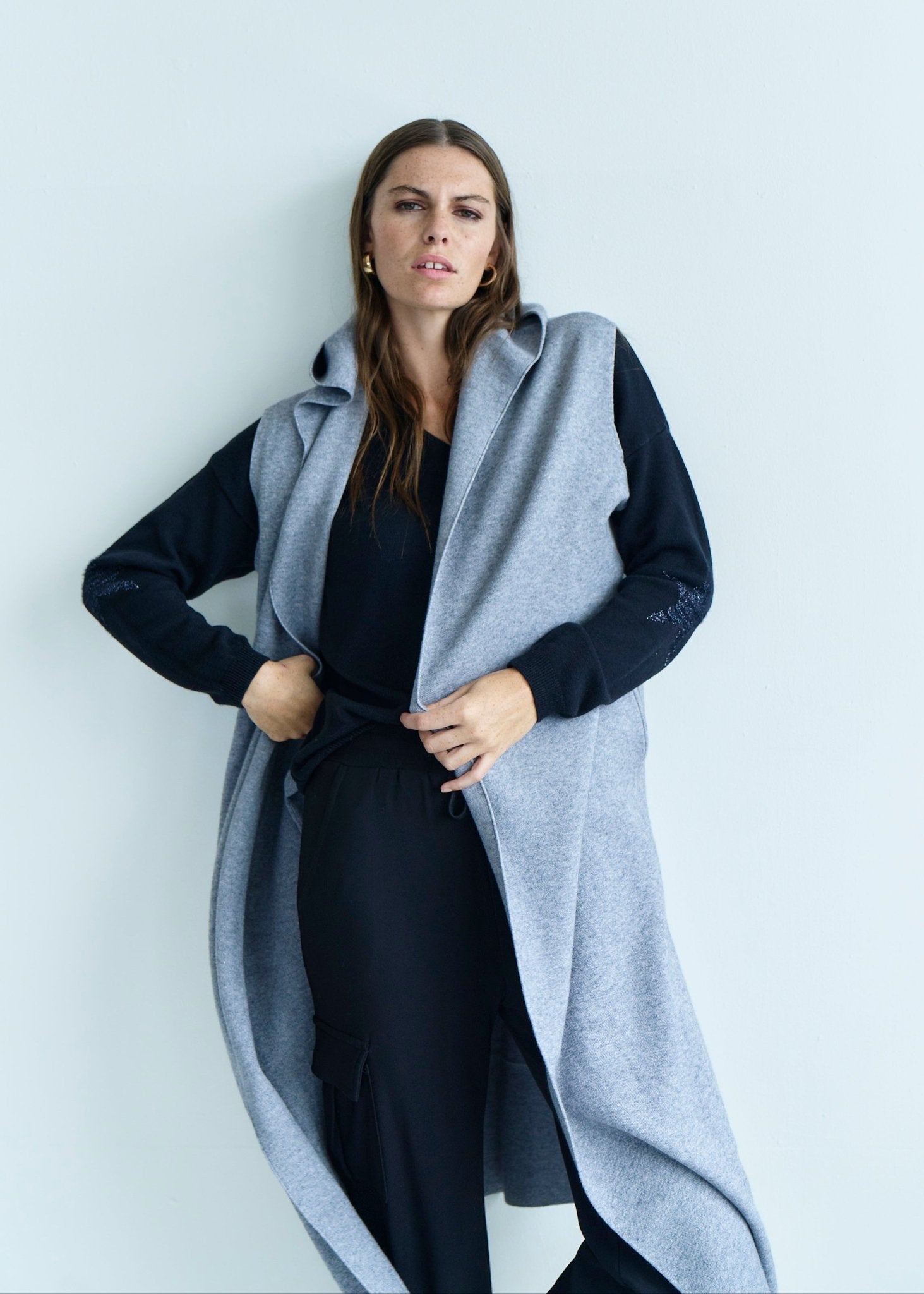 View our Camille Sleeveless Knitted Viscose Coat in Grey - by Tribute Store