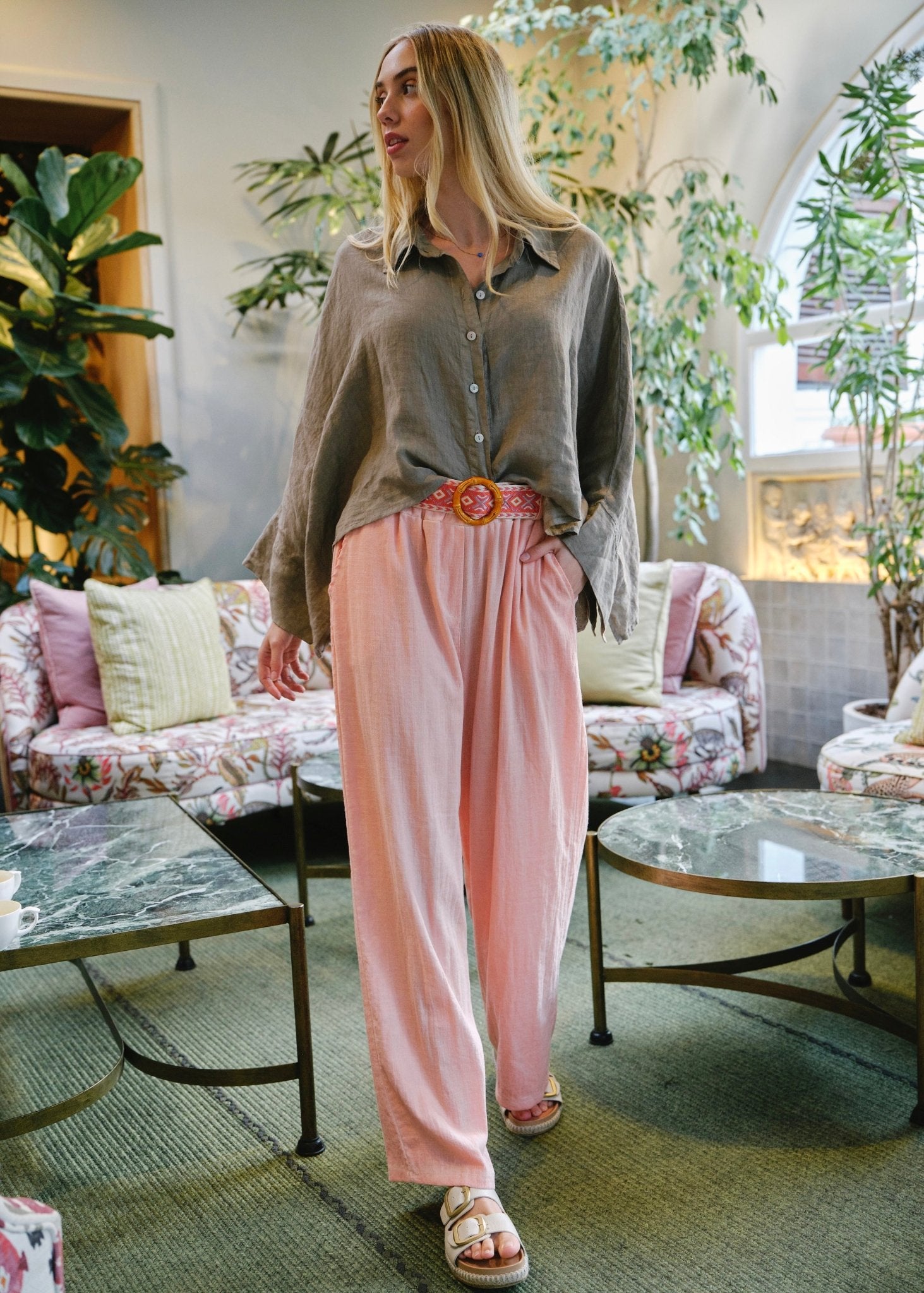 View our Camogli Palazzo Linen Blend Pants In Tangerine - by Tribute Store