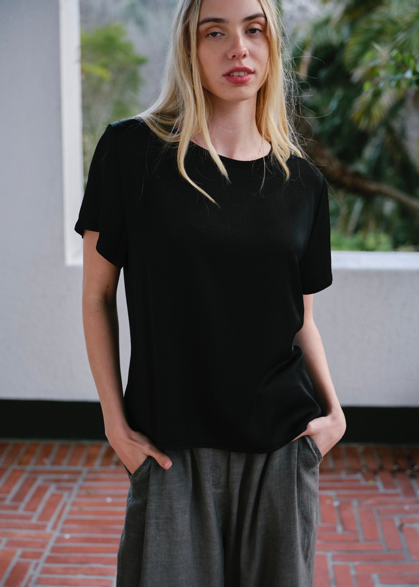 View our Capri Italian Silk Blend Tee in Black - by Tribute Store