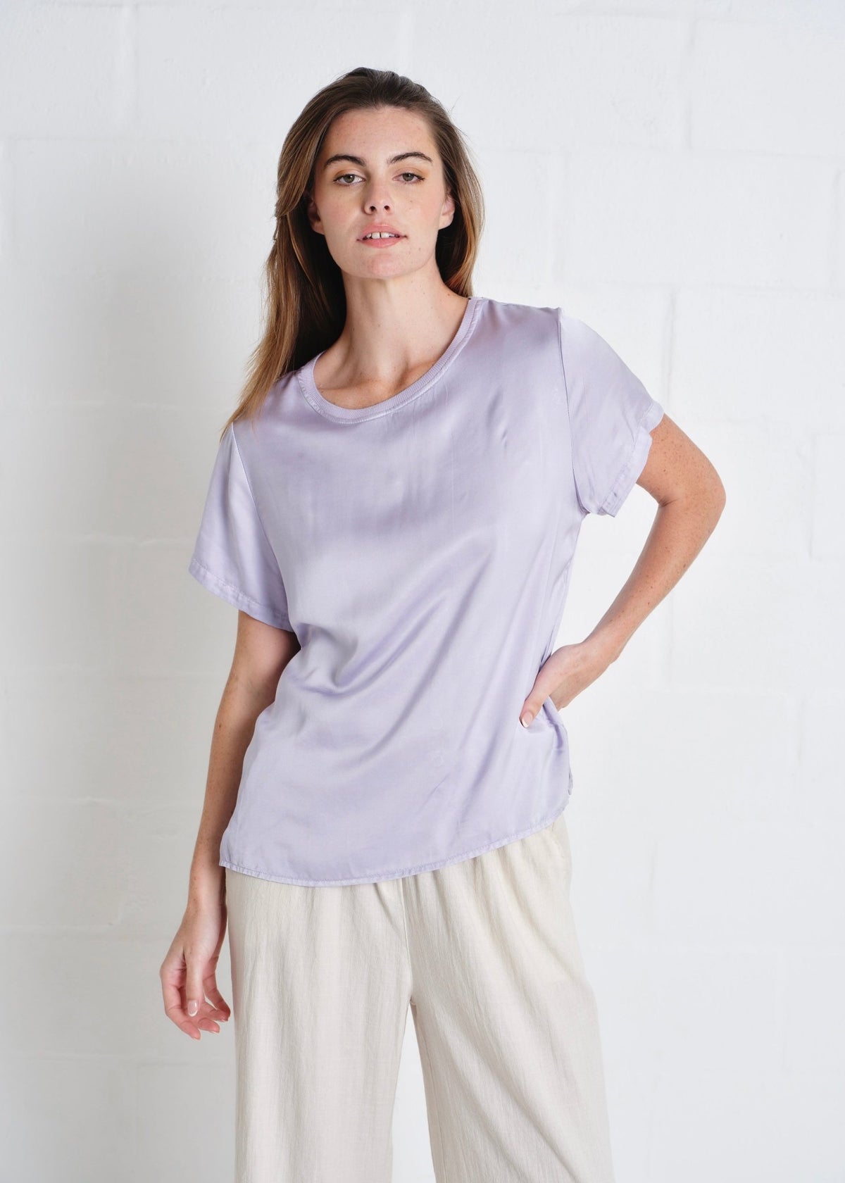 View our Capri Italian Silk Blend Tee in Lilac - by Tribute Store