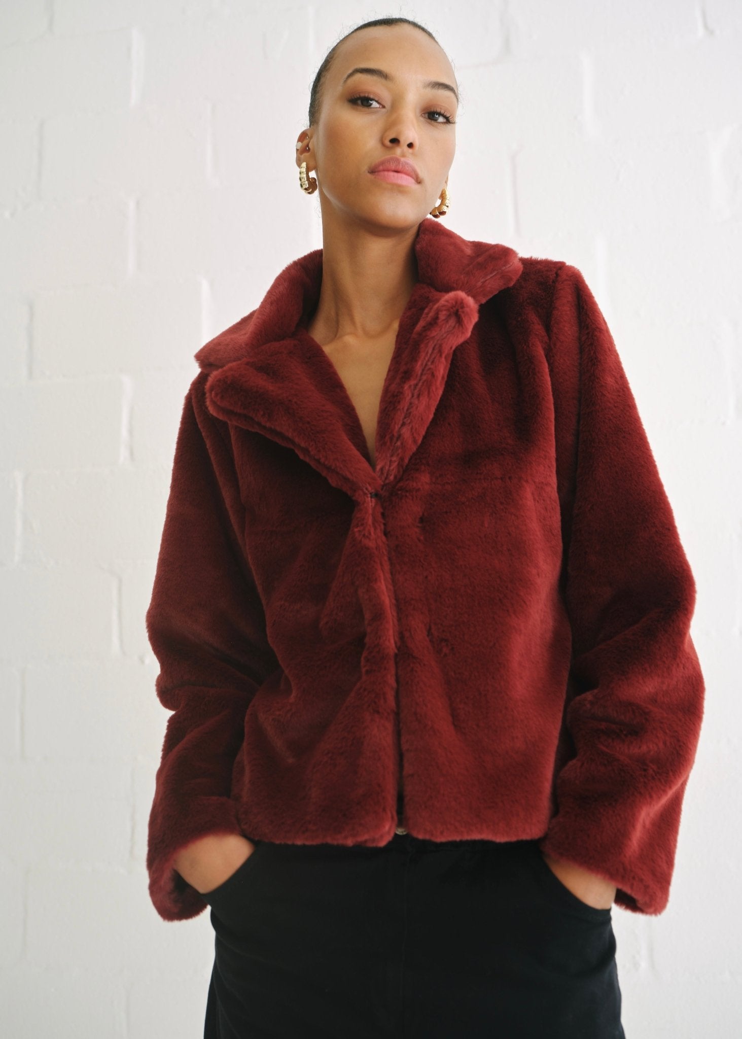 View our Chic Burgundy Faux Fur Jacket - by Tribute Store