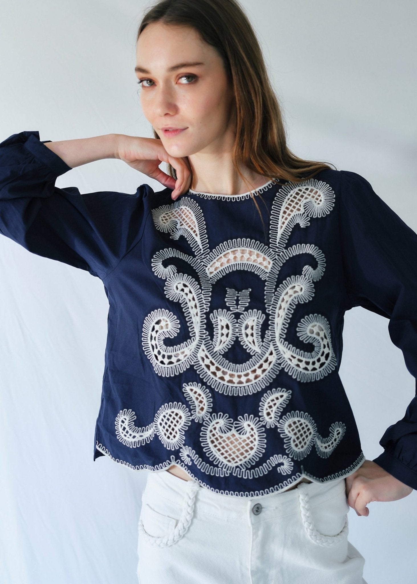 View our Cleo Cotton Blouse with White Motif in Navy Blue - by Tribute Store