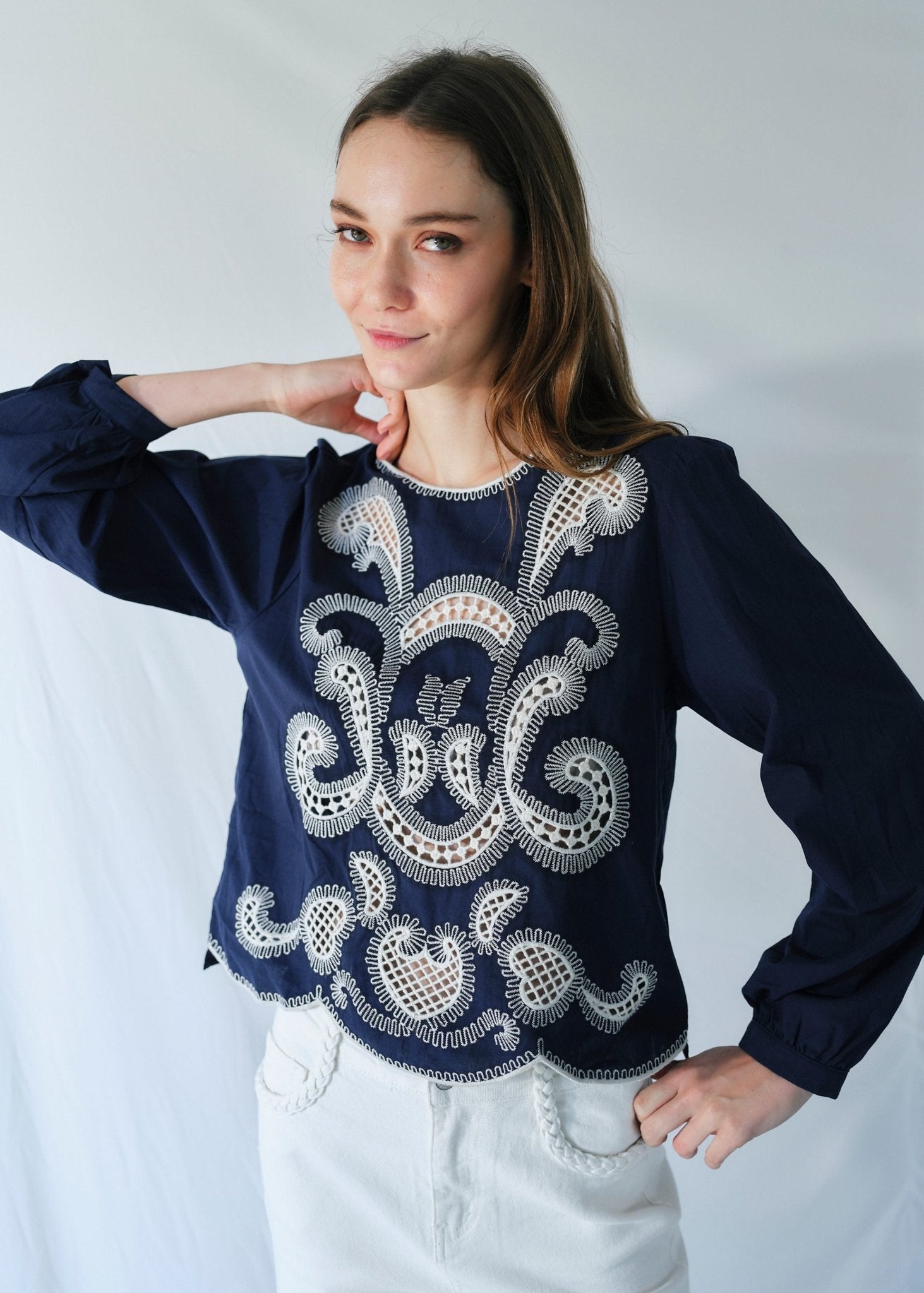 View our Cleo Cotton Blouse with White Motif in Navy Blue - by Tribute Store