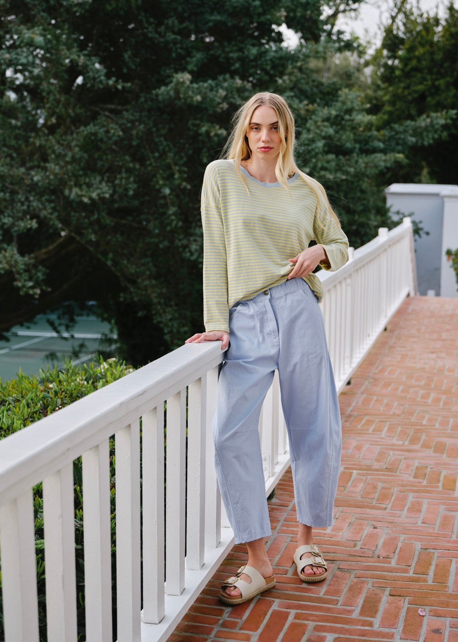 View our Como Italian Cotton Barrel Pants in Blue - by Tribute Store