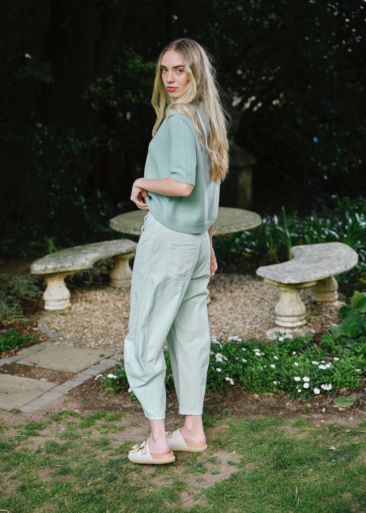 View our Como Italian Cotton Barrel Pants In Mint - by Tribute Store