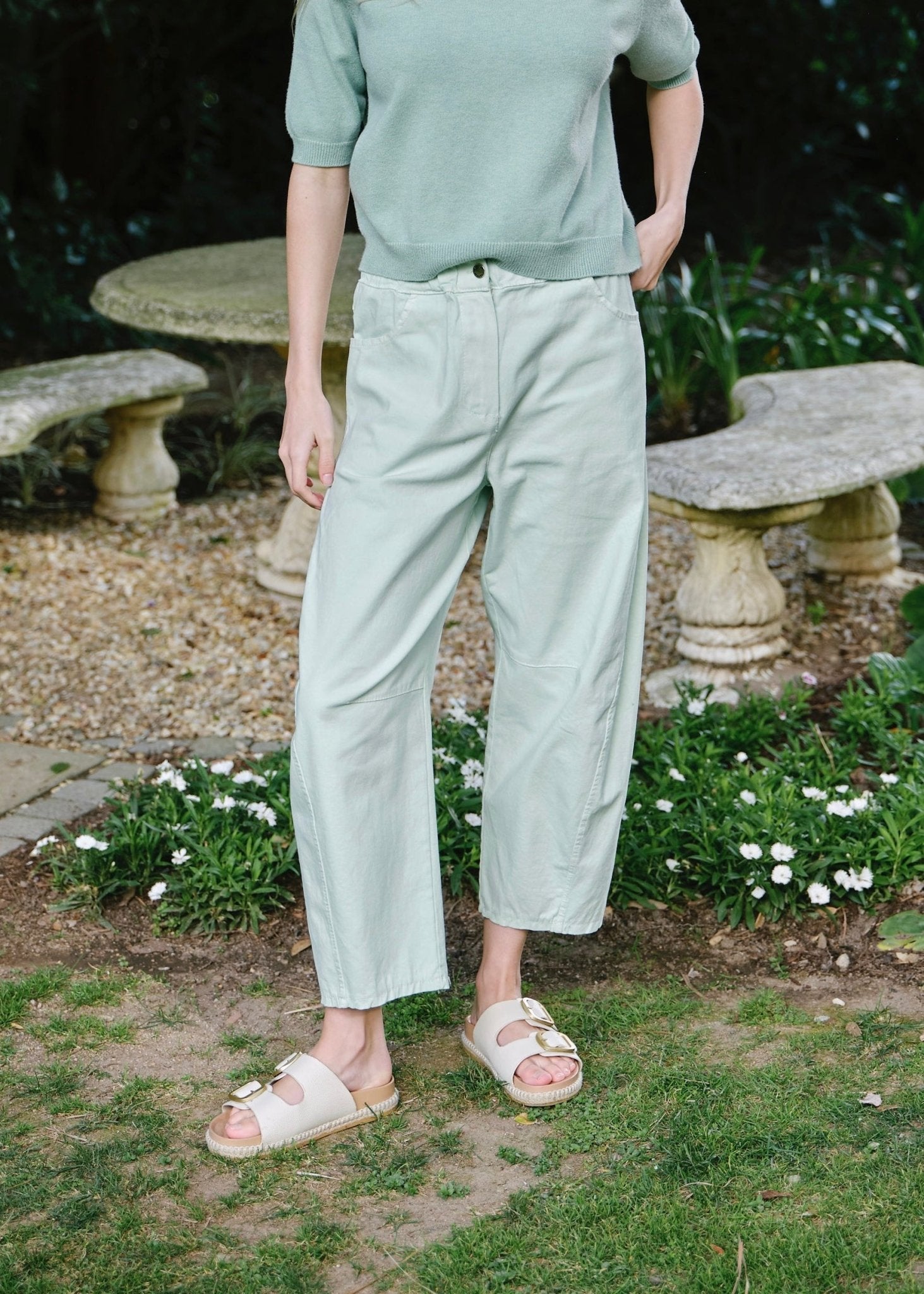 View our Como Italian Cotton Barrel Pants In Mint - by Tribute Store