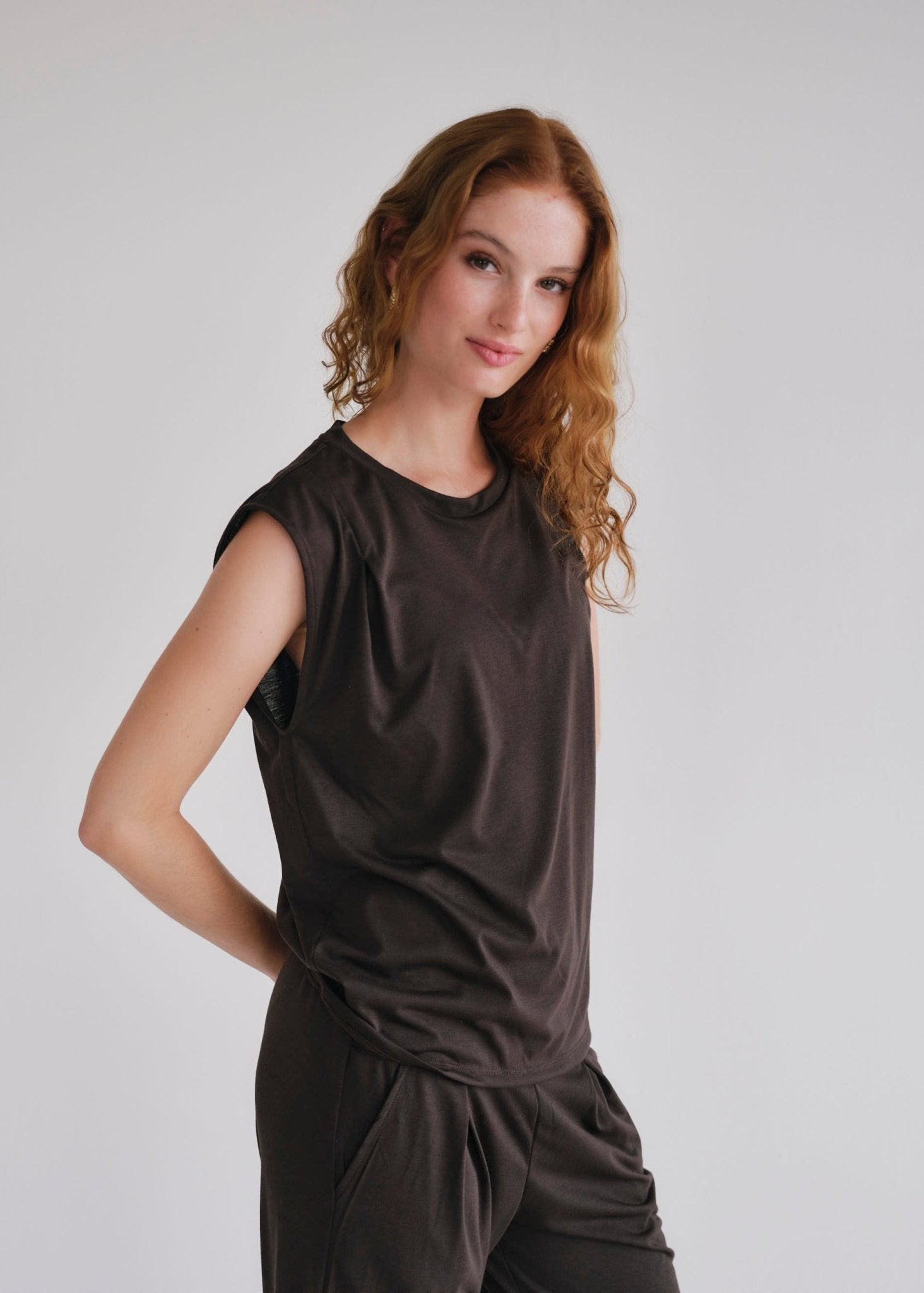 View our Cooper Relaxed Sleeveless Tee In Chocolate - by Tribute Store