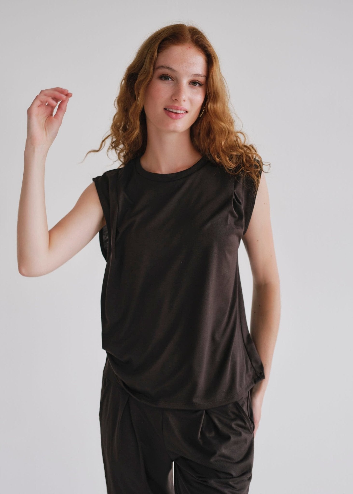 View our Cooper Relaxed Sleeveless Tee In Chocolate - by Tribute Store